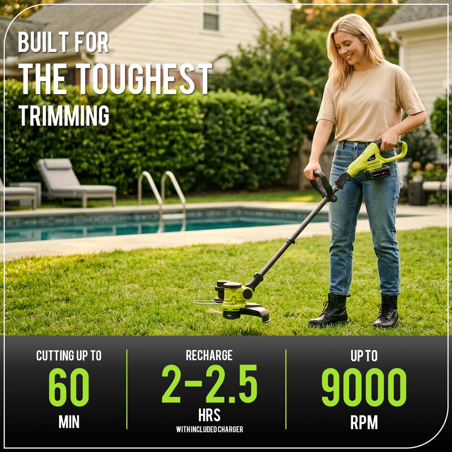 Grovecraft 20V Cordless String Trimmer, 2x4Ah Grass Trimmer&Edger with 8 Replacement Spools, Battery Powered Weed Trimmer with Auto Line Feed for Garden, Lawn, Green
