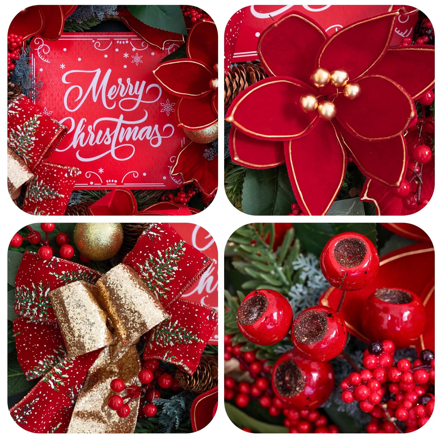 Christmas Wreath with Lights, 24 Inch Lighted Christmas Wreath for Front Door, Winter Wreath with LED Lights, red Berries, Pinecones, Gold Ball, Red Bow, Merry Christmas Sign for Indoor or Outdoor