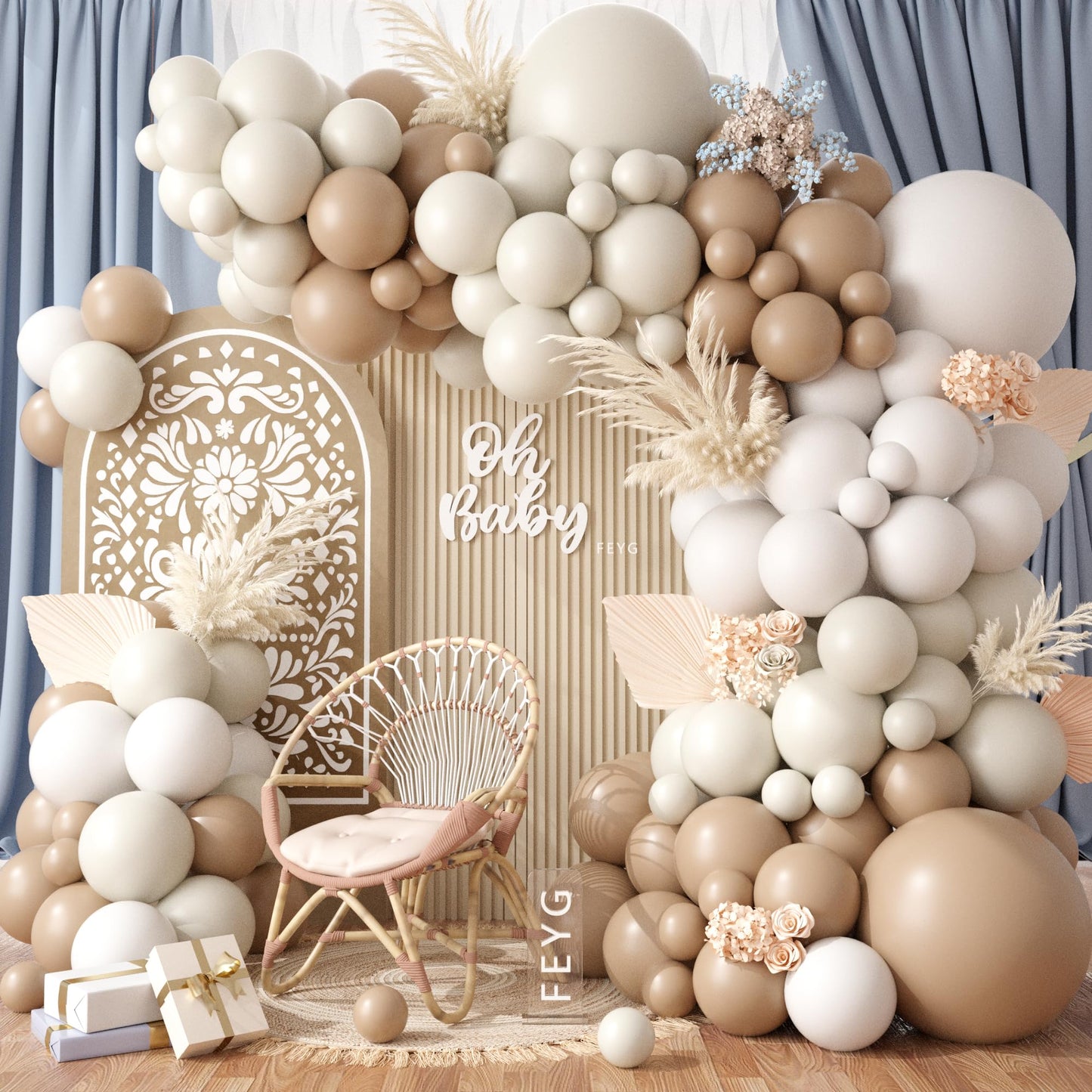 Netural Balloon Garland Arch Kit, Double Stuffed Beige Cream Tan Balloons Garland Blush White Sand Boho Balloon for Netural Baby Shower Gender Reveal Bridal Birthday Wedding Party Decorations