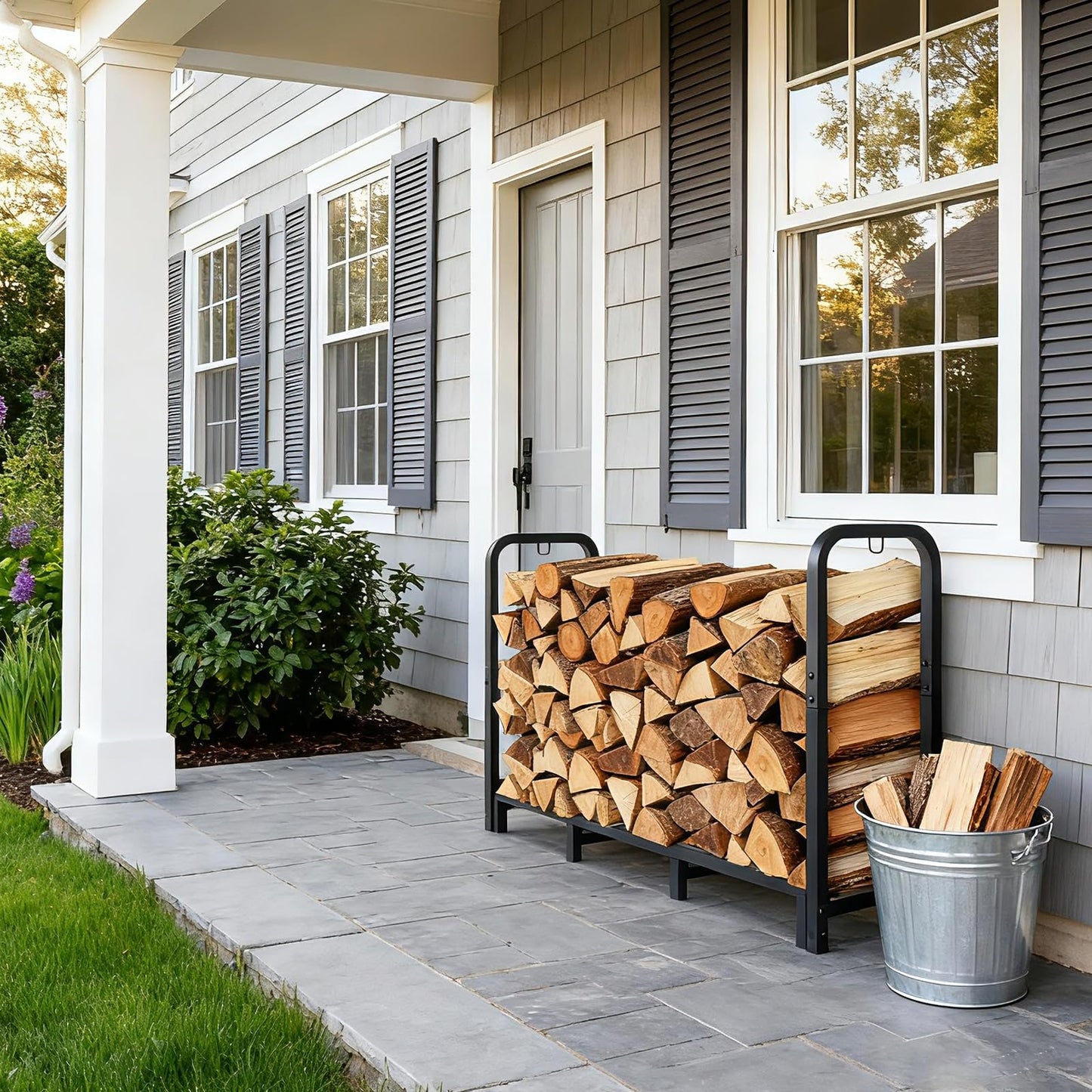 Luoieo 4FT Firewood Rack Outdoor, Holds 1543 LBS with 8 Sturdy Legs, Adjustable 2.6FT Elevated Log Holder Keeps Wood Dry, Black