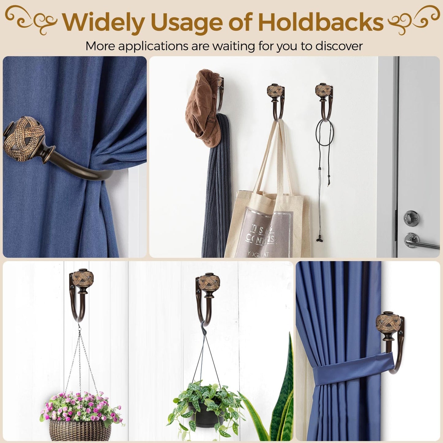 USFOOK 2 Pack Bronze Curtain Holdbacks, Decorative Window Drapery Tiebacks (2 Pack/1 Pair), Curtain Tie Back Hooks for Wall with Leaf Finials (3.95" L x 3.4" W)