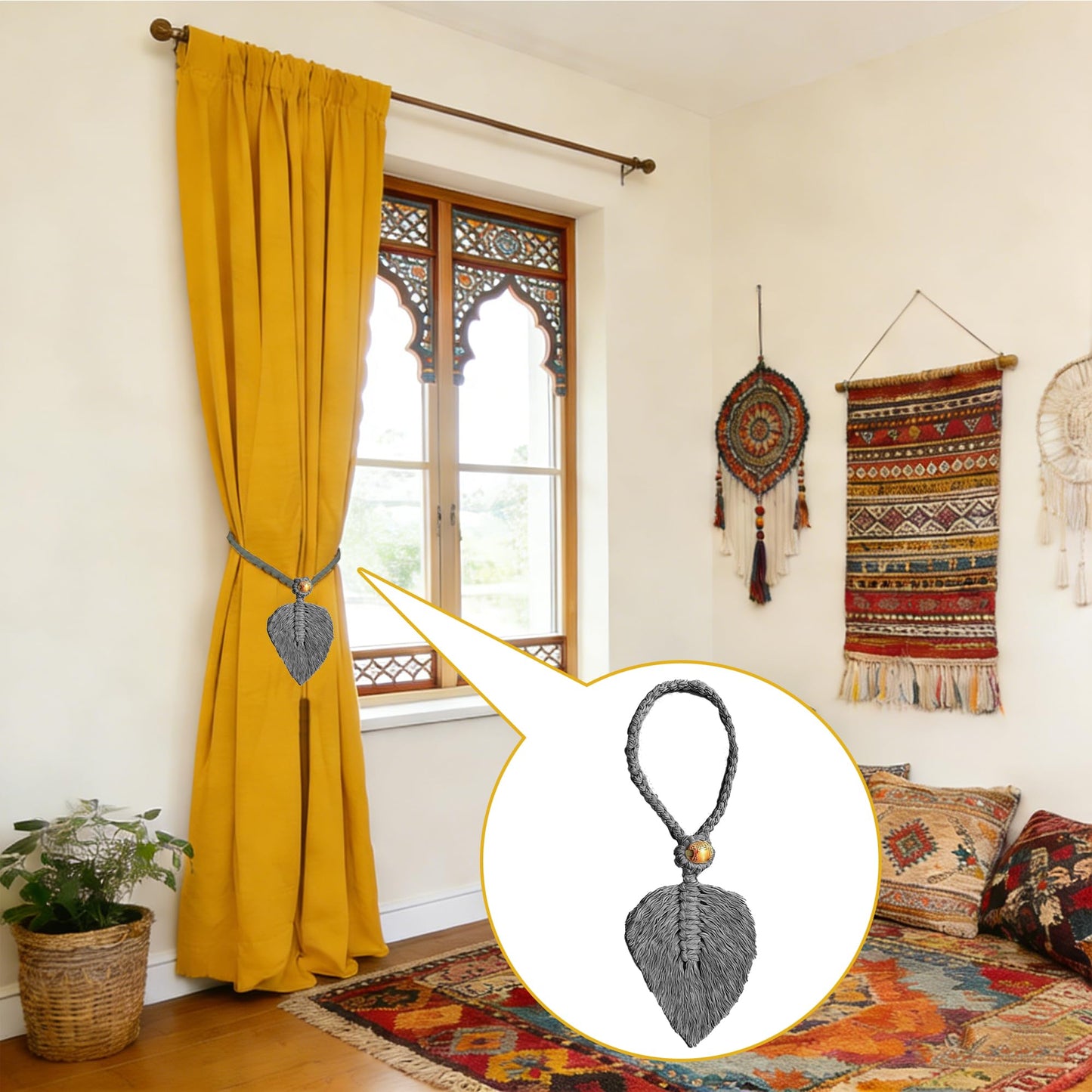 2 Pack Boho Curtain Tiebacks, Handmade Cotton Rope Curtain Holdbacks with Natural Wooden Beads, Adjustable No Drill Drapery Ties for Farmhouse Living Room Bedroom Decor (Grey)