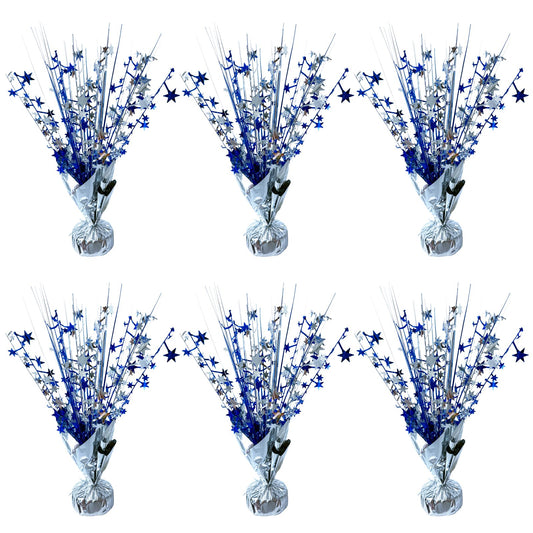 FUBININA 6 Pack Metallic Foil Spray Centerpiece Star Table Decoration Burst Table Centerpieces for Birthday Wedding Anniversary Graduation Holiday Party Supplies Decor, Silver Blue