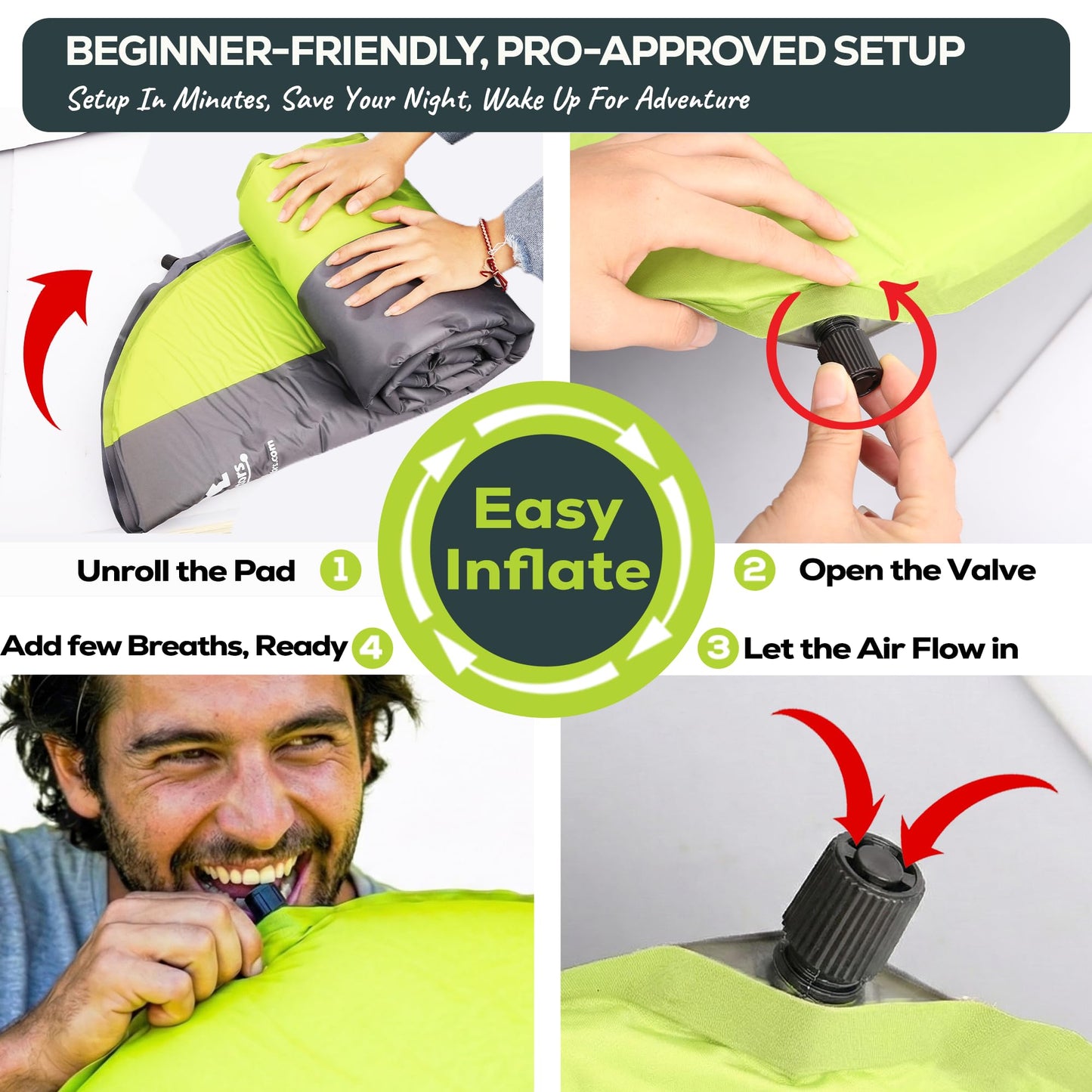 Gear Doctors Oxylus 4.3R-Value Insulated Foam Self Inflating Sleeping Pad Camping—Sleeping Pad Backpacking Air Mattress—Camping Mattress Self Inflating Camp Mat 4 Seasons Sleep Mat—Camp/Floor/Tent/Cot