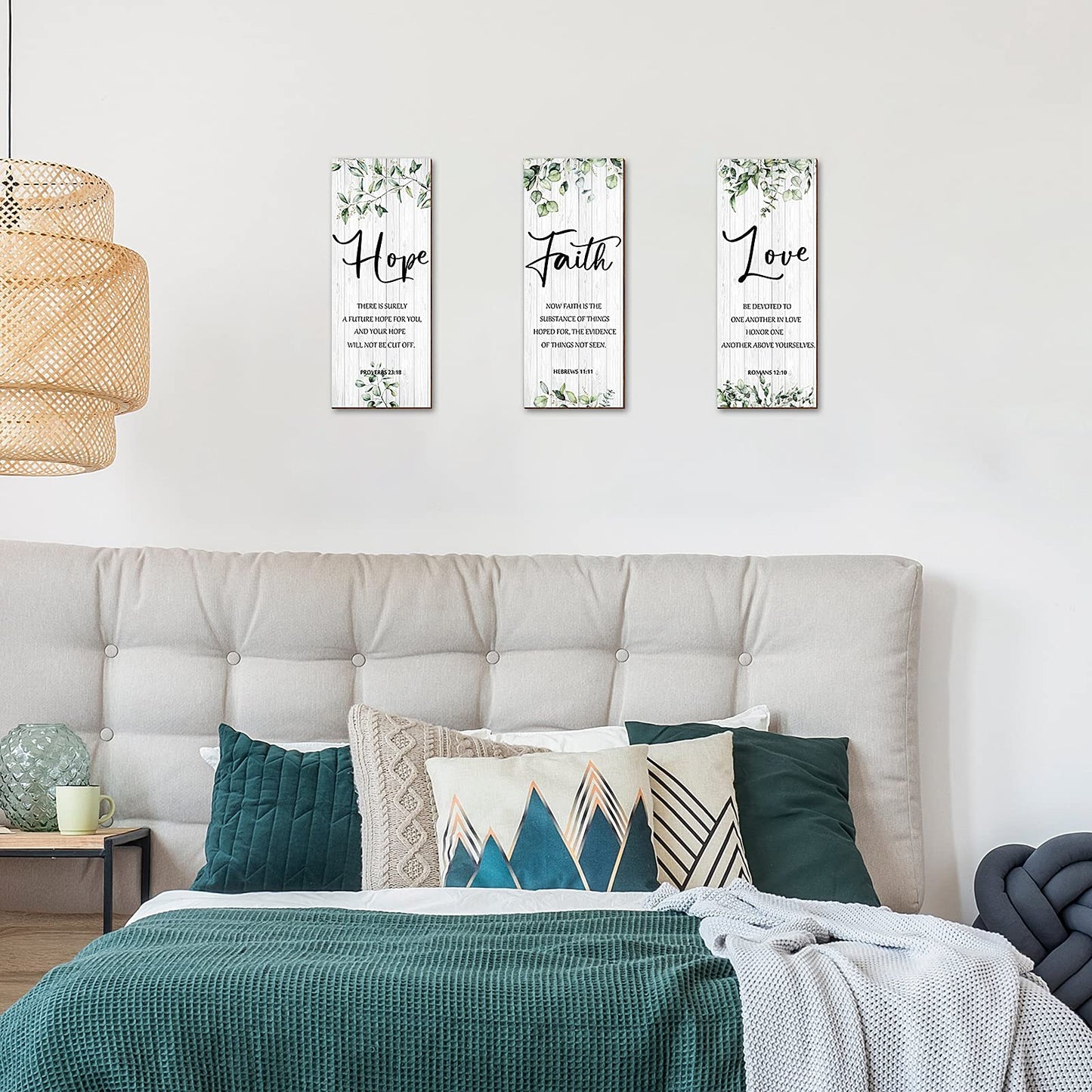3 Pieces Wall Decor Christian Wall Decor Green Inspirational Art Scripture Hanging Plaque Rustic Wooden Leaves Sign Quote for Home Bedroom Decoration