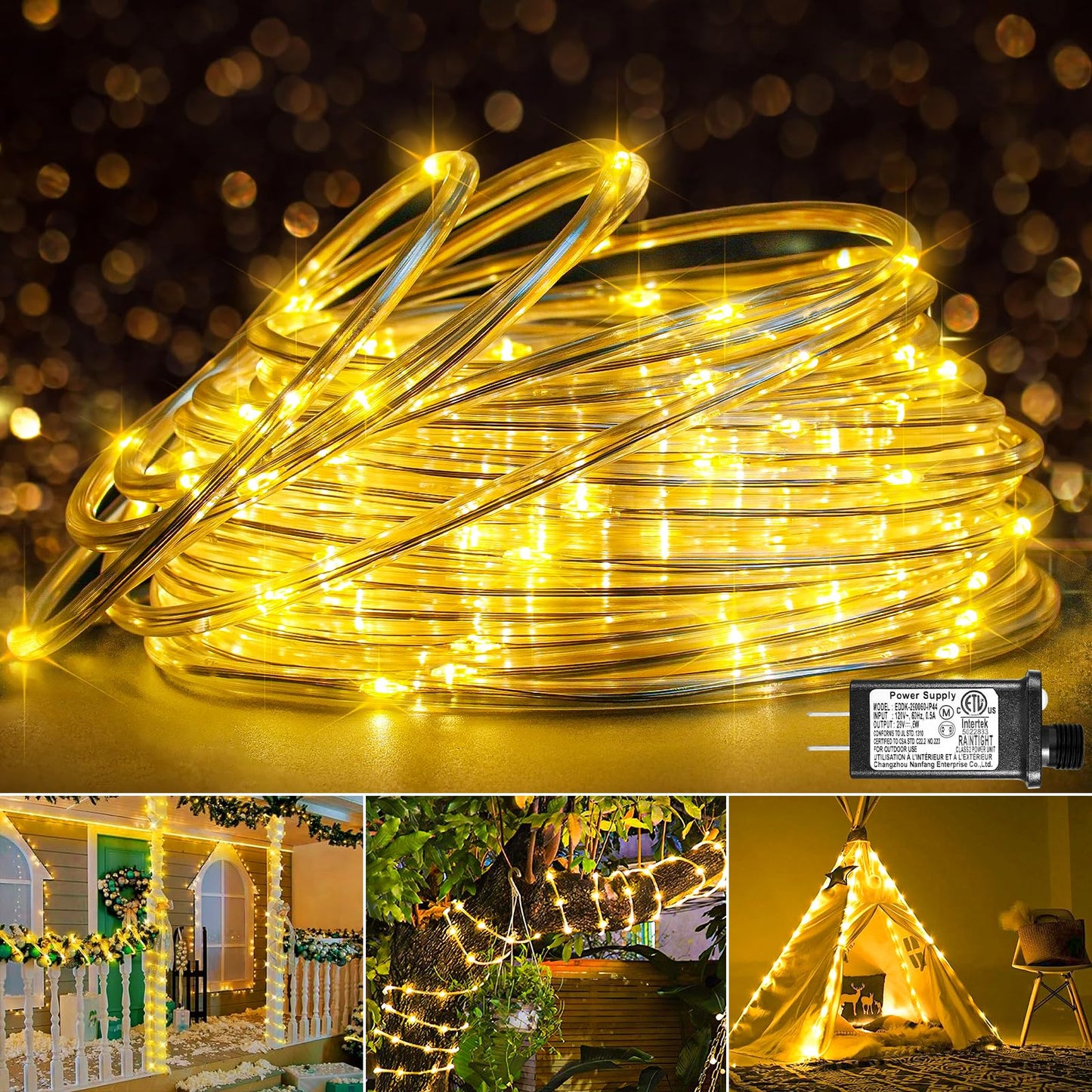 66FT 200 LED Rope Lights for Outside, Plug in Rope Lights Outdoor Waterproof with 8 Modes, Connectable Flexible Clear Tube Lights for Indoor Bedroom Patio Pool Camping Party Decorations, Warm White