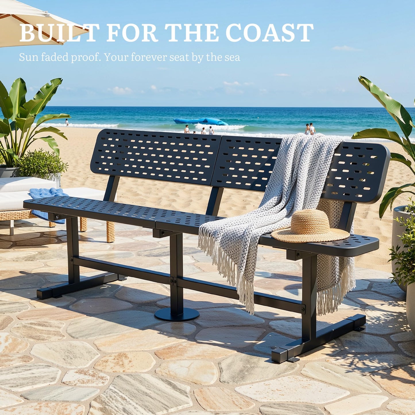 YITAHOME 6ft Outdoor Metal Park Bench with Back, Heavy Duty Park Carbon Steel Bench, Metal Garden Park Bench Thermoplastic Coated Weatherproof Seating for Patio Yard Commercial Use, 573 Lbs Cap Black