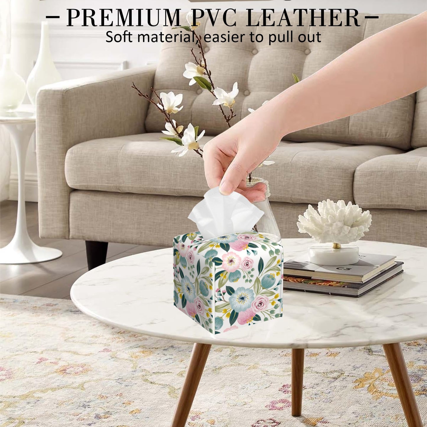 POIUBLE Spring Flowers Tissue Box Cover Leather Tissue Box Holder Square Facial Paper Organizer Dispenser for Bathroom Kitchen Bedroom Vanity Countertop Night Stands