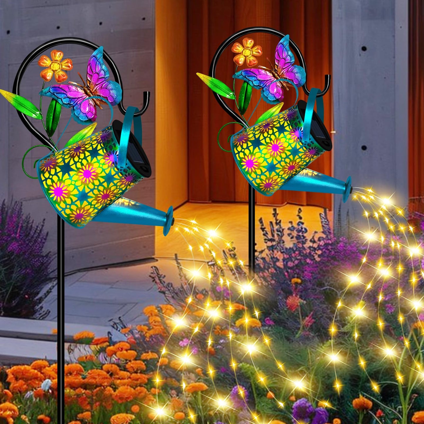 Solar Watering Can with Lights, Waterproof Solar Lantern with Butterfly Shepherd Hook, Hanging Garden Lights for Patio Yard Lawn Porch Outdoor Decoration, Unique Garden Gifts for Women Mom Birthday