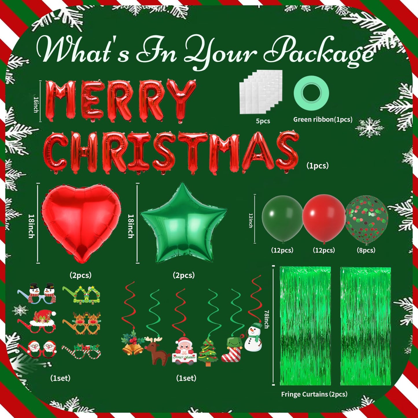 Red Green Christmas Decorations with Green Fringe Curtains, Heart Stars Confetti Balloon, Merry Christma Foil Balloons, christmas Glasses Frames and Hanging Swirls for Xmas Party Supplies