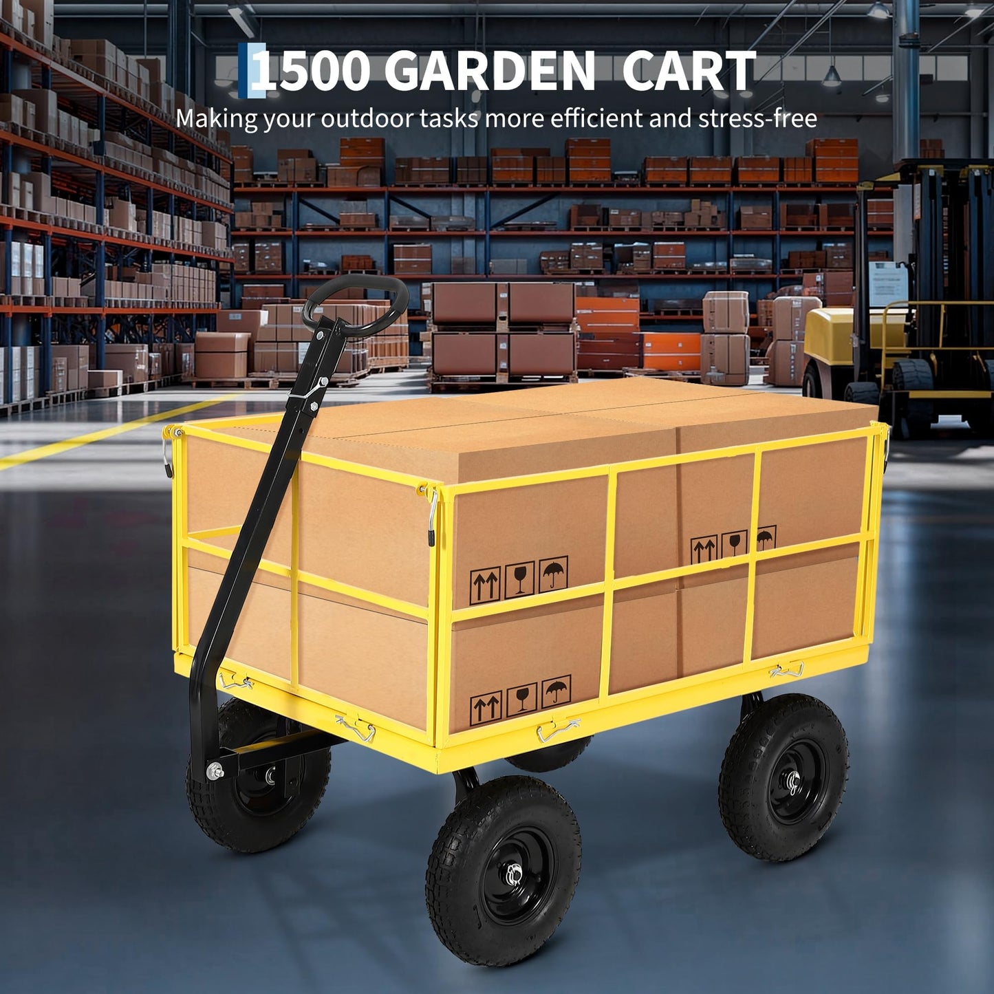 Garvee 1500 LB Garden Wagon Cart with 13 in All Terrain Tires, 3-in-1 Yard Wagon Cart with Removable Side Panels, Heavy Duty Outdoor Metal Utility Wagon Yard Trailer for Outdoor Lawn, Yard, Backyard