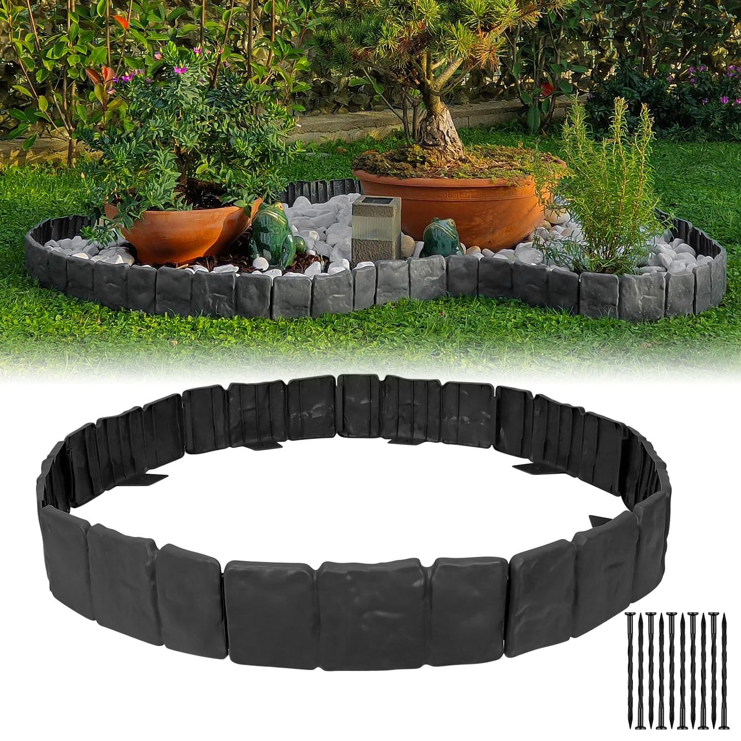 Garden Edging Border NO DIG, with Landscape Edging Anchoring Spikes, Black Stone Effect Plastic Lawn Edging Fencing, Interlocking Yard Lawn Edging for Flower Bed | 32 Ft | 40Pcs | Black |