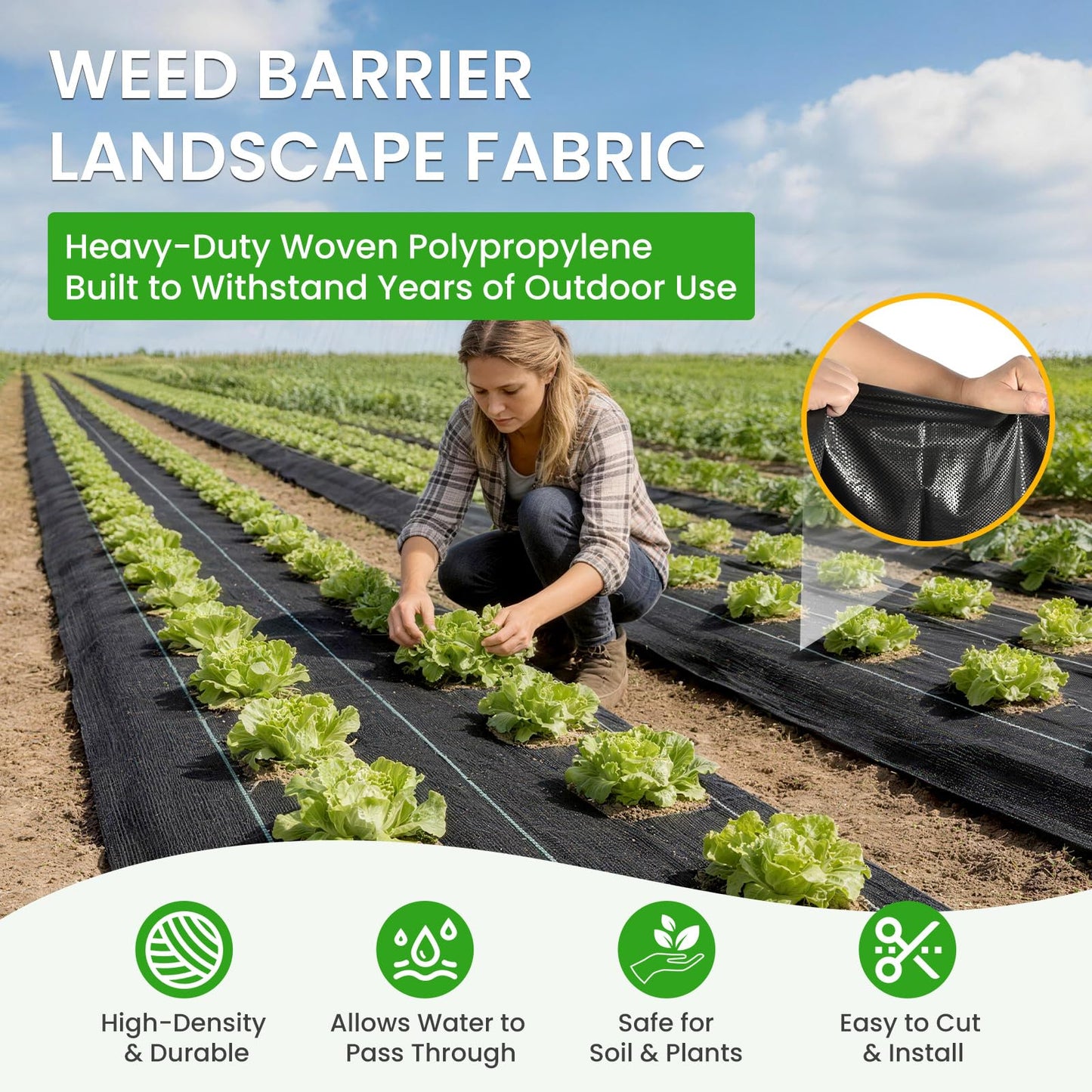 Weed Barrier Fabric, 3x300ft Landscape Fabric, 3.2oz Heavy Duty Durable Woven Geotextile Fabric, High Permeability Ground Cover Mat, Driveway Fabric, Garden Weed Control Cloth with 20 U-Securing Pegs