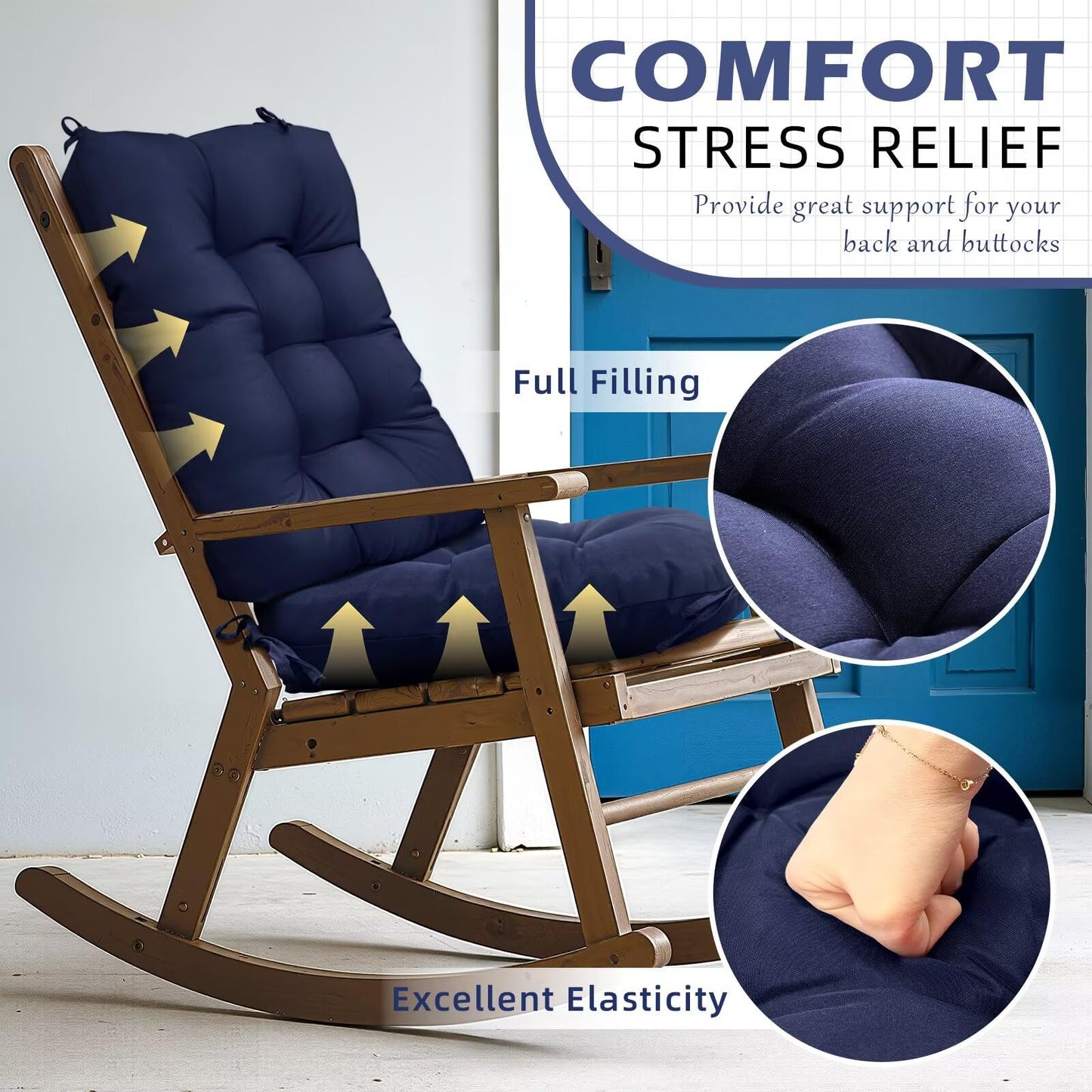TESICA Set of 1 Indoor Outdoor Chair Cushion Waterproof High Back Rocking Chair Cushions Soft Patio Chair Pad for Lounger Recliner Navy Blue