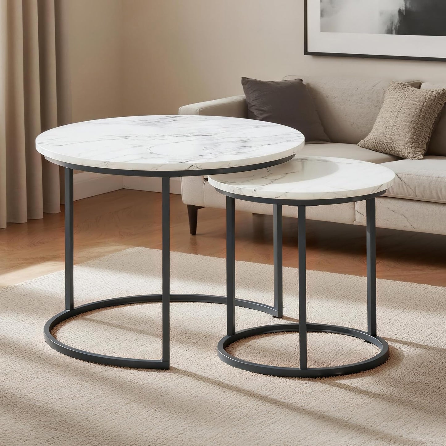 Round Nesting Coffee Table Set of 2, Modern Marble Pattern Wooden Nesting Tables, Stacking Minimalist End Table for Living Room Bedroom Small Space, White and Black