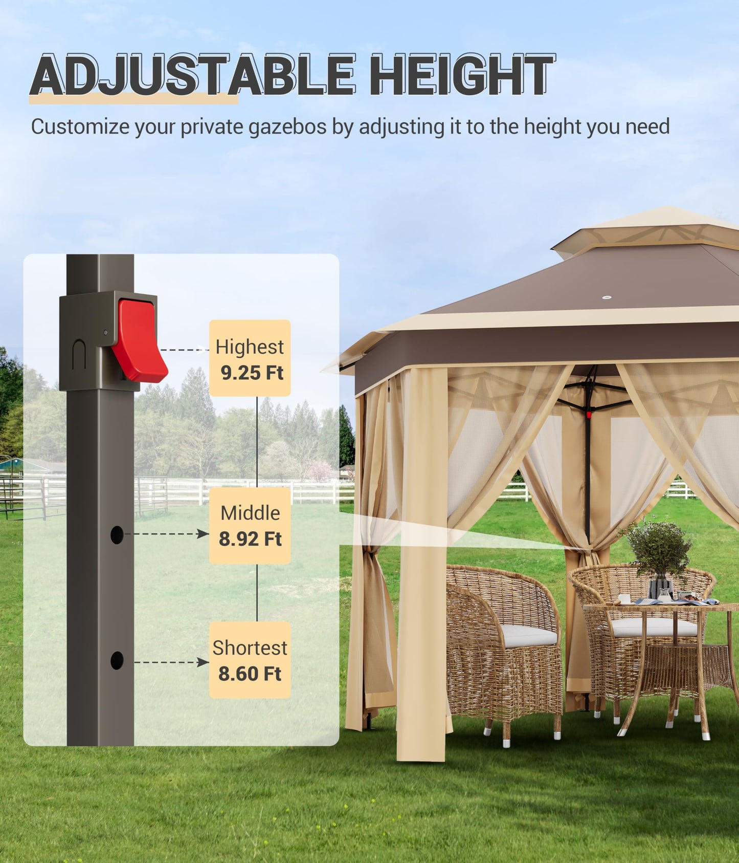 Hipicute 13 x 13 Ft Pop Up Hexagonal Gazebo, Outdoor Canopy Shelter, Pop up Gazebos Tent with Netting and Strong Steel Frame for Patio Lawn Backyard and Deck - Khaki