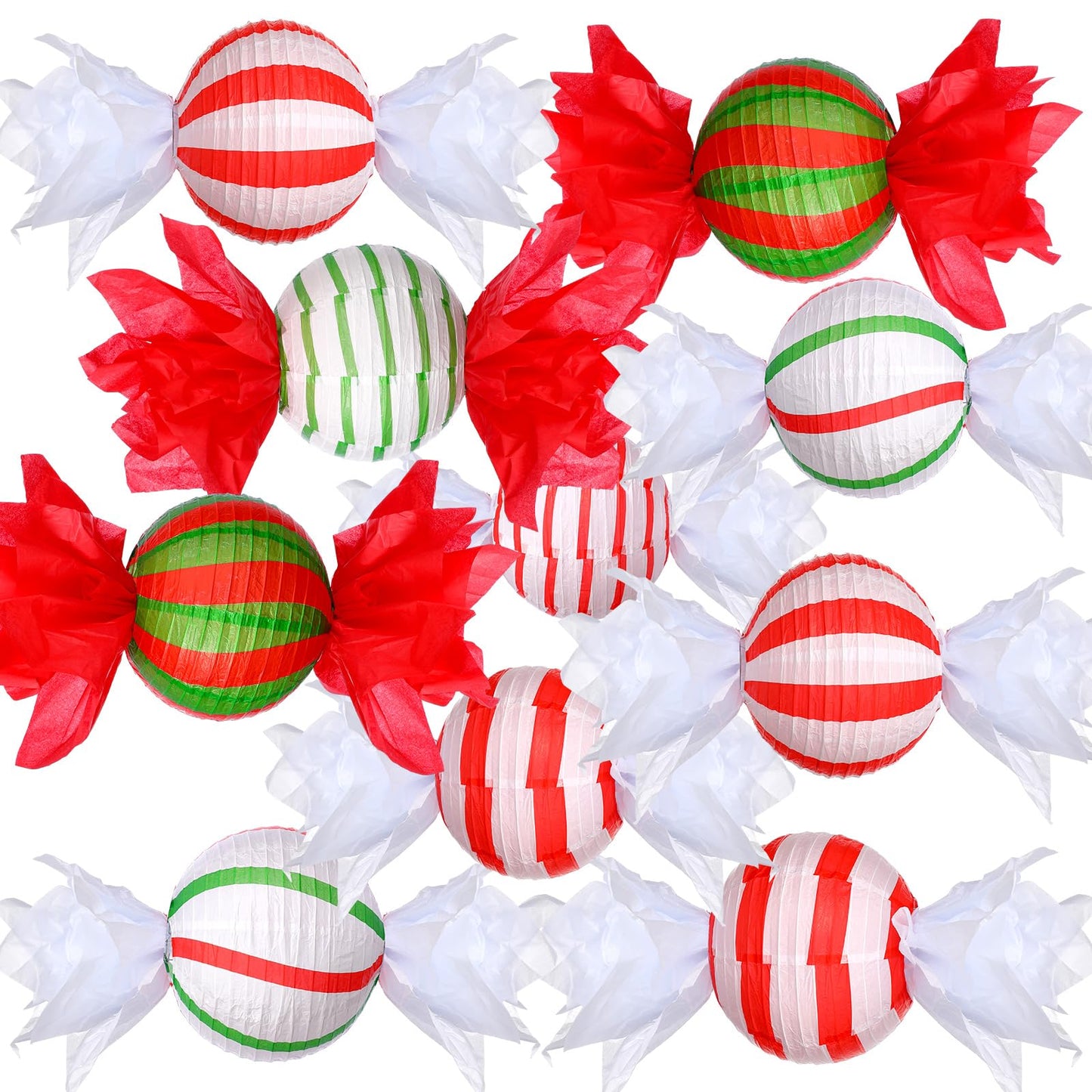 Riakrum 12 Pcs Christmas Candy Paper Lanterns 10 Inch Red Green White Christmas Hanging Paper Lantern Decorations Craft Sets for Xmas Party Supplies Indoor Outdoor Decor