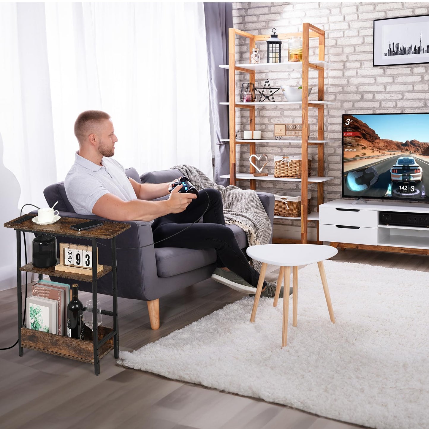 Narrow Side Table with USB-C Charging Station, 3-Tier Slim End Table with Magazine Holder, Modern Thin Side Table for Couch or Small Spaces, Skinny Nightstand for Living Room or Bedroom