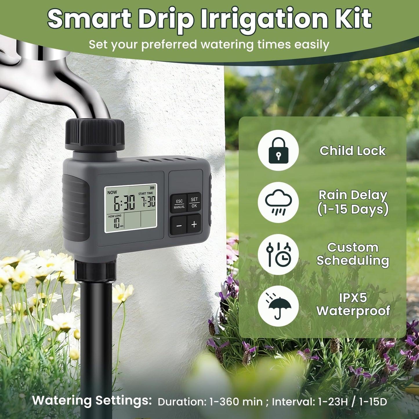 100FT Automatic Drip Irrigation Kits with Water Timer - Garden Watering System with 360° Bendable Spray Adjustable Copper Atomizing Nozzles for Yard, Lawn, Raised Bed, Greenhouse, Potted Plants