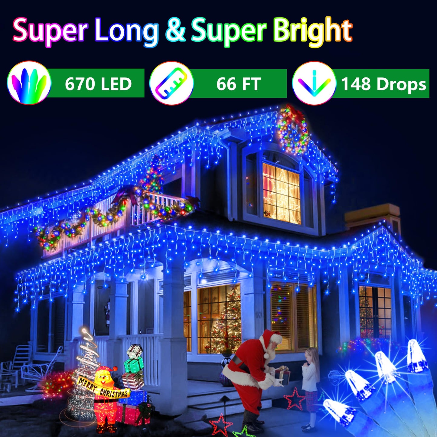 66FT 670 LED Christmas Lights 148 Ice Drops, 12 Lighting Modes and Timer Memory Dimmable, Outdoor Waterproof Hanging String Light for Xmas Holiday Wedding Garden Fence House Tree Outside Decor (Blue)