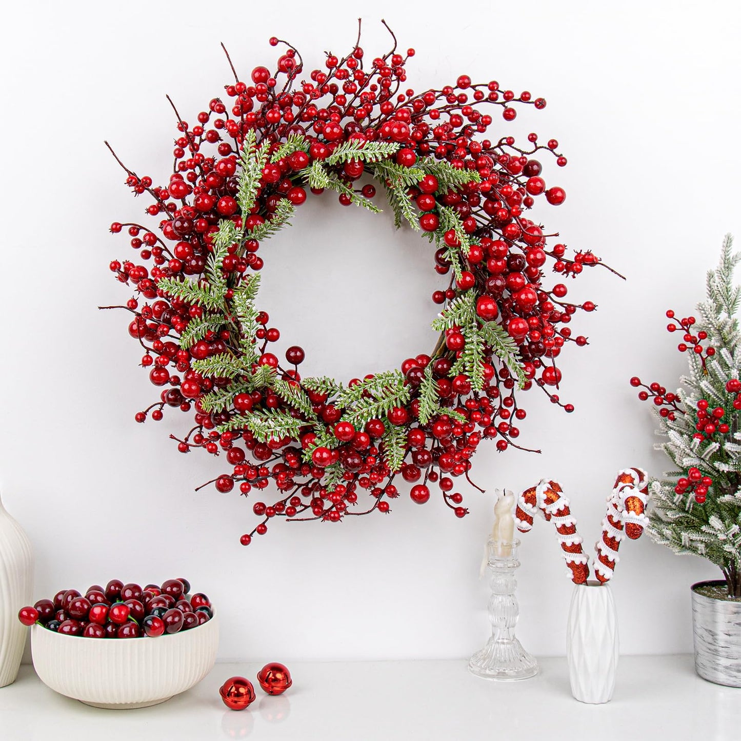 Yawwind 20 Inches Red Christmas Wreaths Farmhouse Christmas Wreaths for Front Door Classic Red Berry Wreath Winter Holiday Wreath with Fir Pine Needle for Doors Window Indoors Porches Outside
