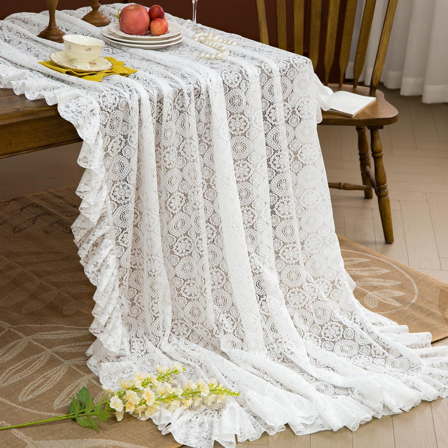 GLORY SEASON Lace Tablecloth with Flower and Leaf Pattern Fabric Ivory White Rectangle/Oblong Table Cloth Cover for Wedding Buffet Banquet Parties Holiday Farmhouse Kitchen Dining Decor 52x70 Inch