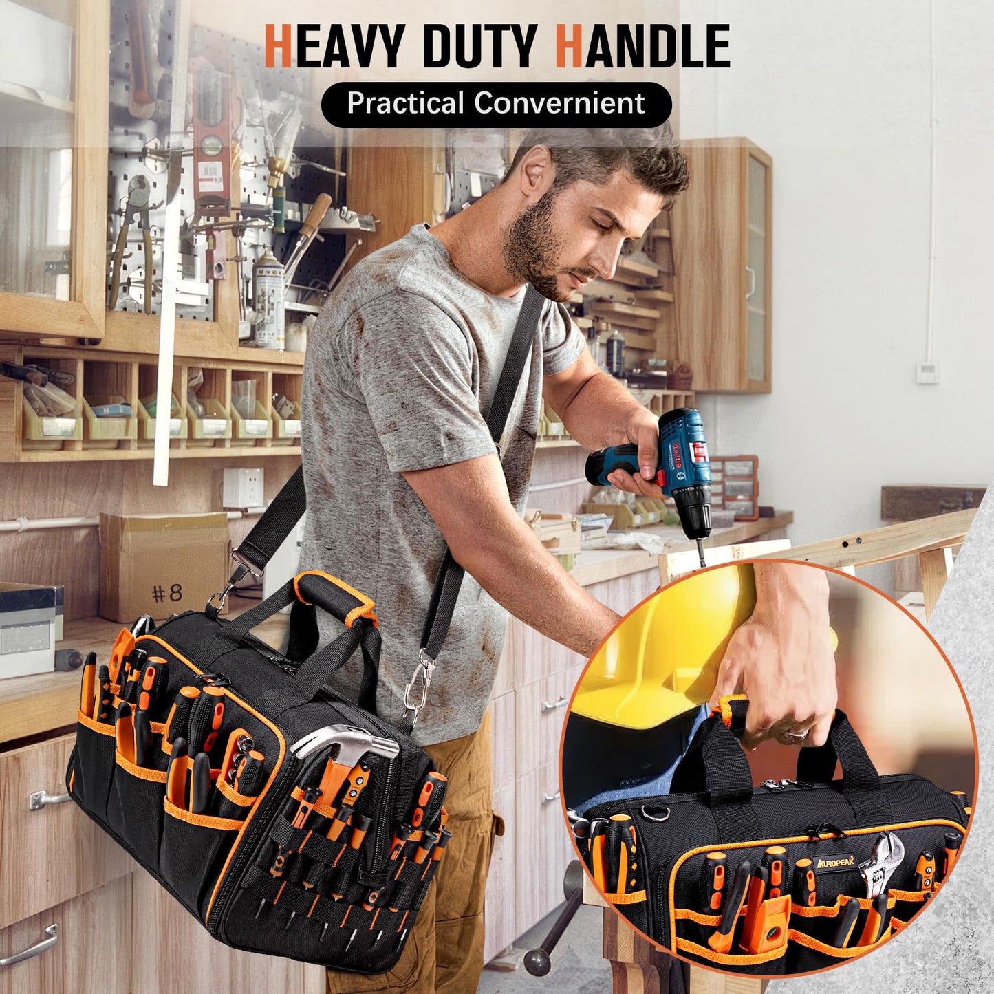 17-Inch Electrician Tool Bags for Men, 46-Pocket Heavy Duty Tool Bag, Foldable Hvac Tool Bag Organizer with Wide Mouth & Adjustable Shoulder Strap for Electricians Mechanics Craftsman Contractor