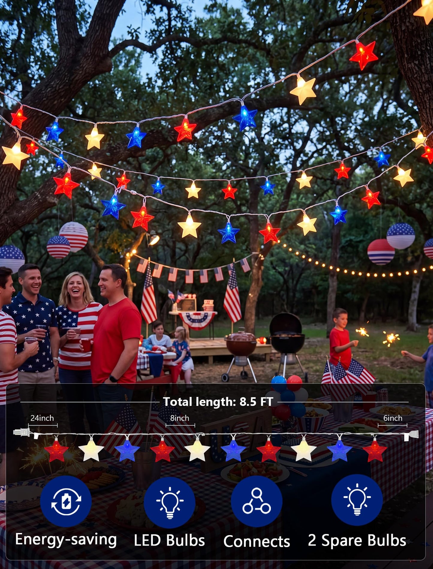 LED Red White Blue Star String Lights Plug in, 8.5Ft 4th of July Decorations Lights with 10 LED Star Light, Hanging Patriotic Outdoor Lights for Independence Day Window Home Patio Party Garden Decor