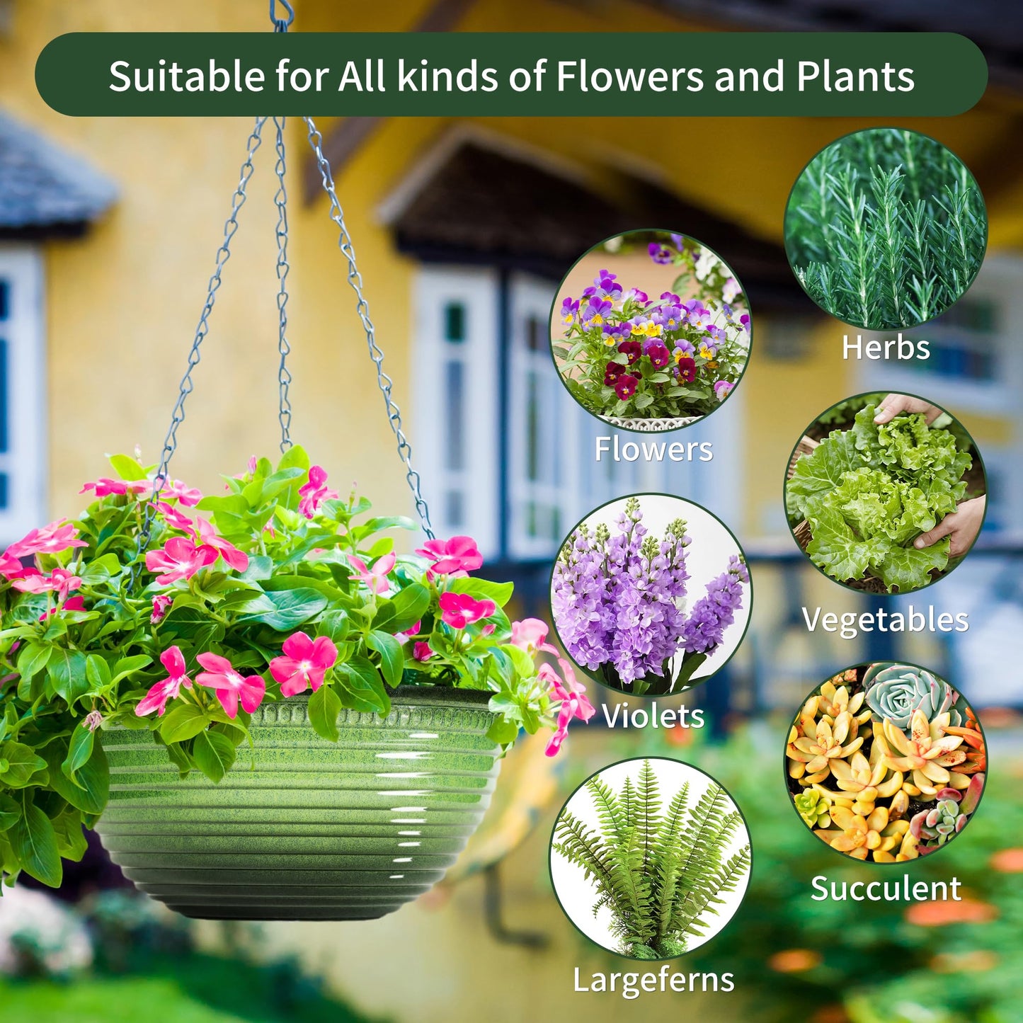 Vanslogreen 12 inch Hanging Planters for Indoor Outdoor Plants, 2 Pack Large Hanging Flower Pots with Drainage Holes and Chain, Glazed Hanging Baskets for Home Garden Decoration, Green