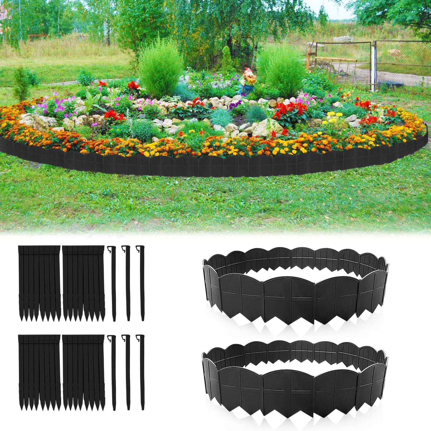 Vashly 40Ft Landscape Edging No Dig, 5.9In Garden Edging Border with 40Pcs Stakes, 40Pcs Plastic Flower Bed Border Flexible for Landscaping, Lawn Patio, Pathway, Black