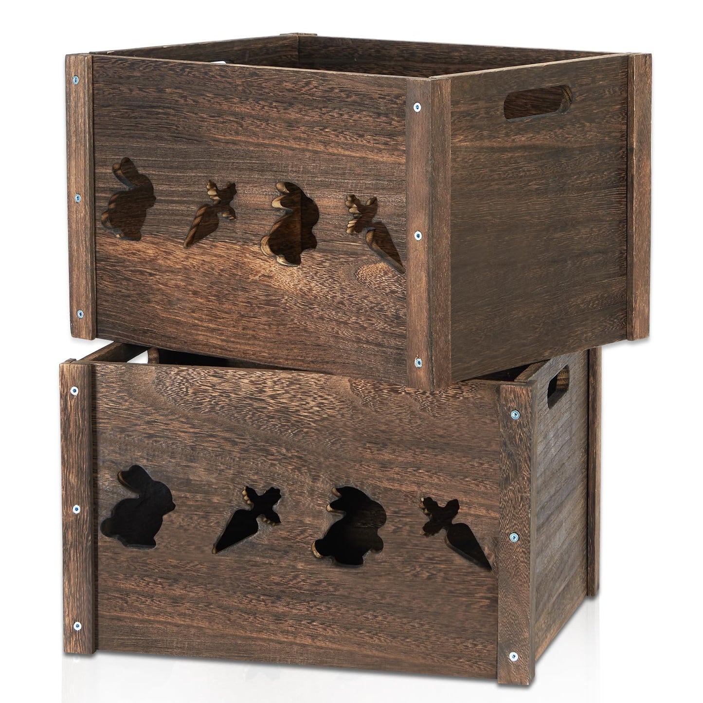 Edergoo Wooden Crates 2 Pack, Hollow Rabbit Wooden Crates for Display & Storage, Farmhouse Handmade Wood Crate with Handles, Rustic Large Decorative Wood Crate Box for Display