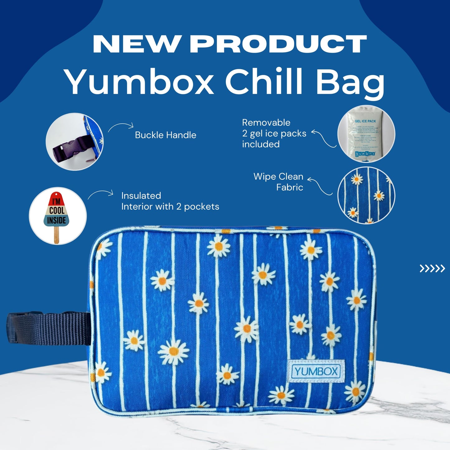 Yumbox Chill Snack Bags with 2 Removable Gel Ice Packs, Flexible Cooling, Insulated Lunch Bag, Wipe Clean fabric, Lined, Zipper Closure, Buckle Strap, Daisy Print