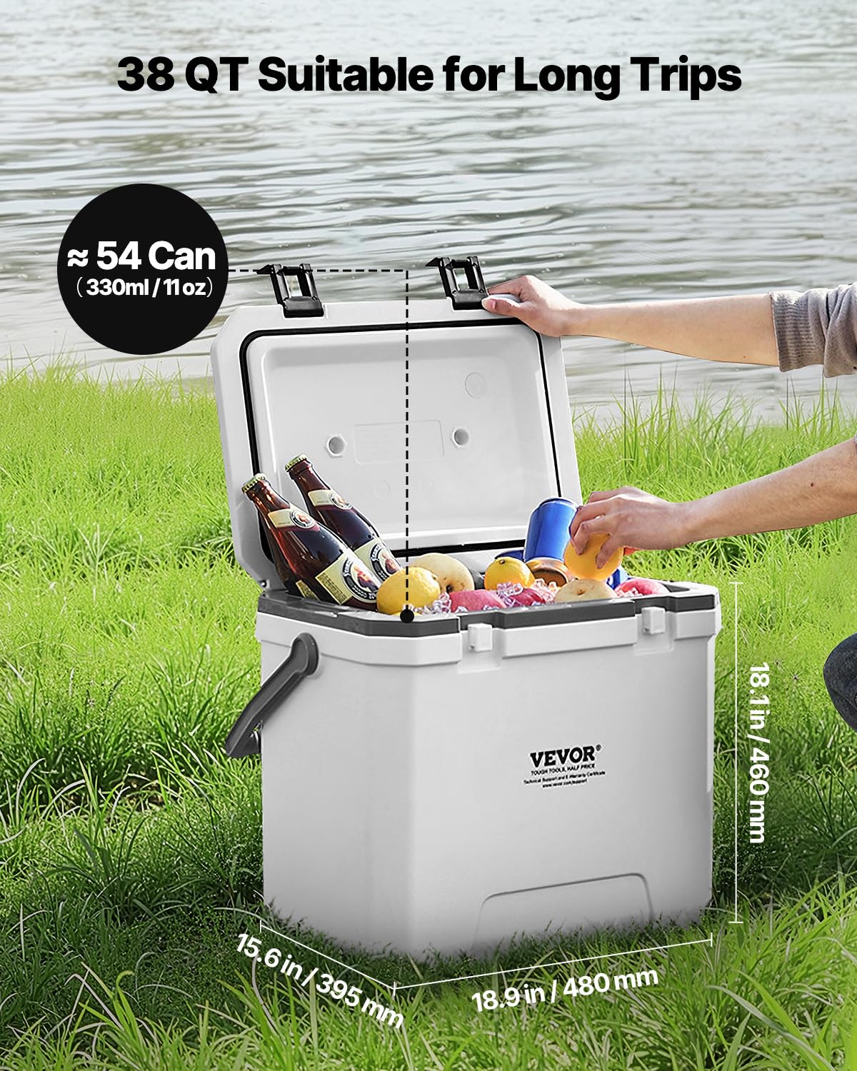 VEVOR Portable Cooler, 38 QT Hard Cooler with Ice Retention, Heavy-Duty Handles and Cup Holder, Lightweight Rigid Material Insulated Portable Cooler, Suitable for Family Picnics and Long Trips