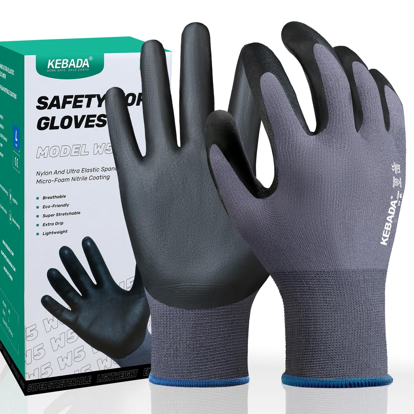 Kebada W5-12 Pairs Safety Work Gloves Foam Nitrile Coated, Seamless Knit Nylon Glove with Grip, Ideal for Mechanic, Warehouse, Construction & Gardening, Large