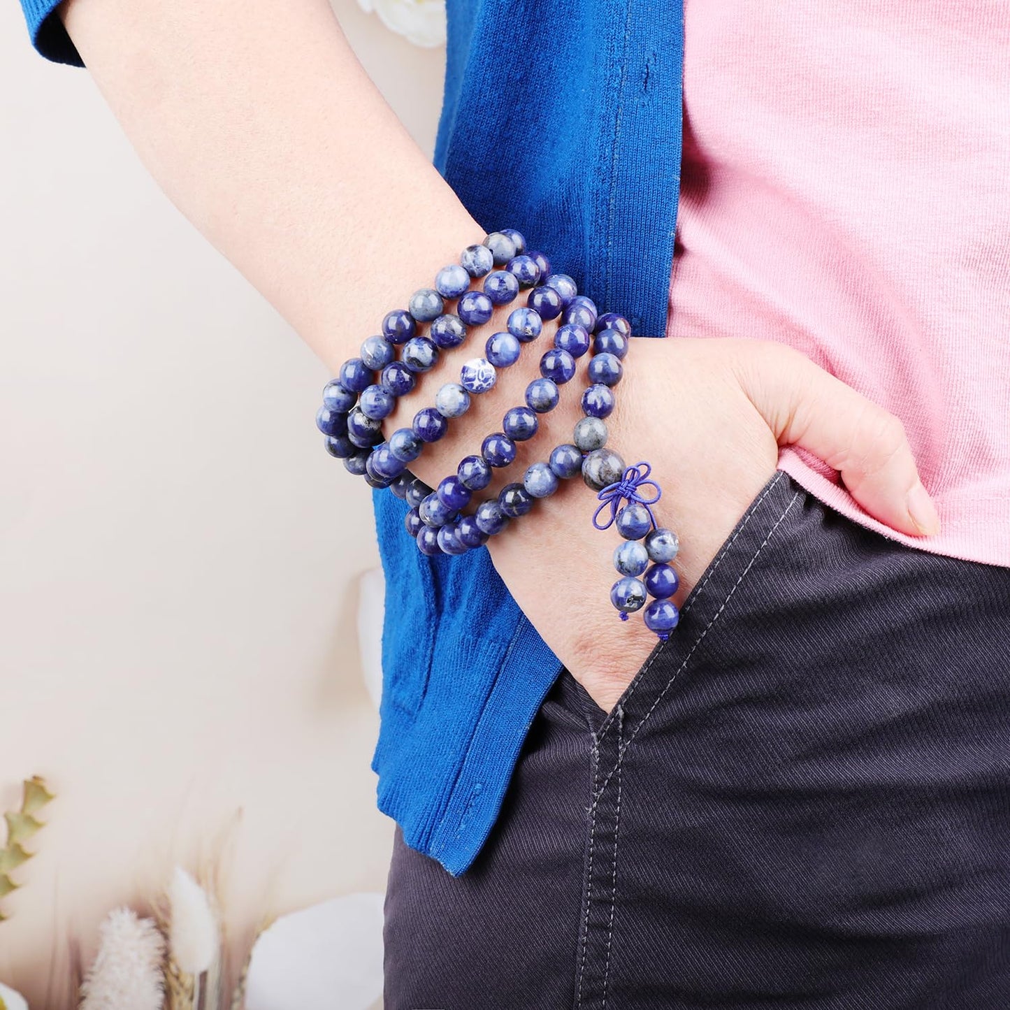 AD Beads 8mm 108 Prayer Mala Sodalite Elastic Bracelet - Stone fulfill the power of Wisdom - Handmade Yoga Meditation Healing Power Energy Gifts for Unisex Adult.