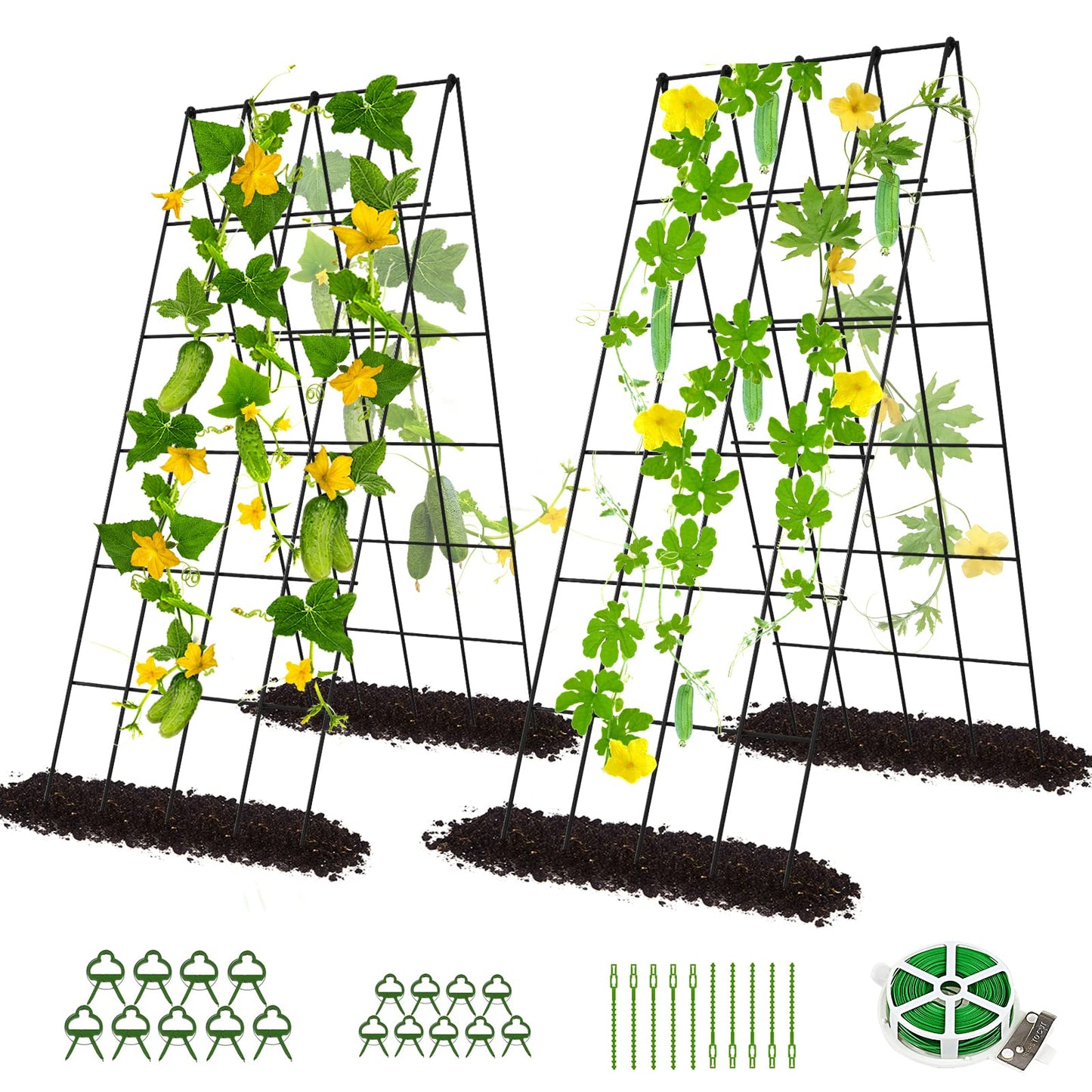 DoCred Cucumber Trellis, 2 Pack Foldable A Frame Trellis for Raised Bed Climbing Plants, Vegetables, Includes Plant Support Clips, Twist Ties, Plastic Ties- Made from PVC-Coated Steel