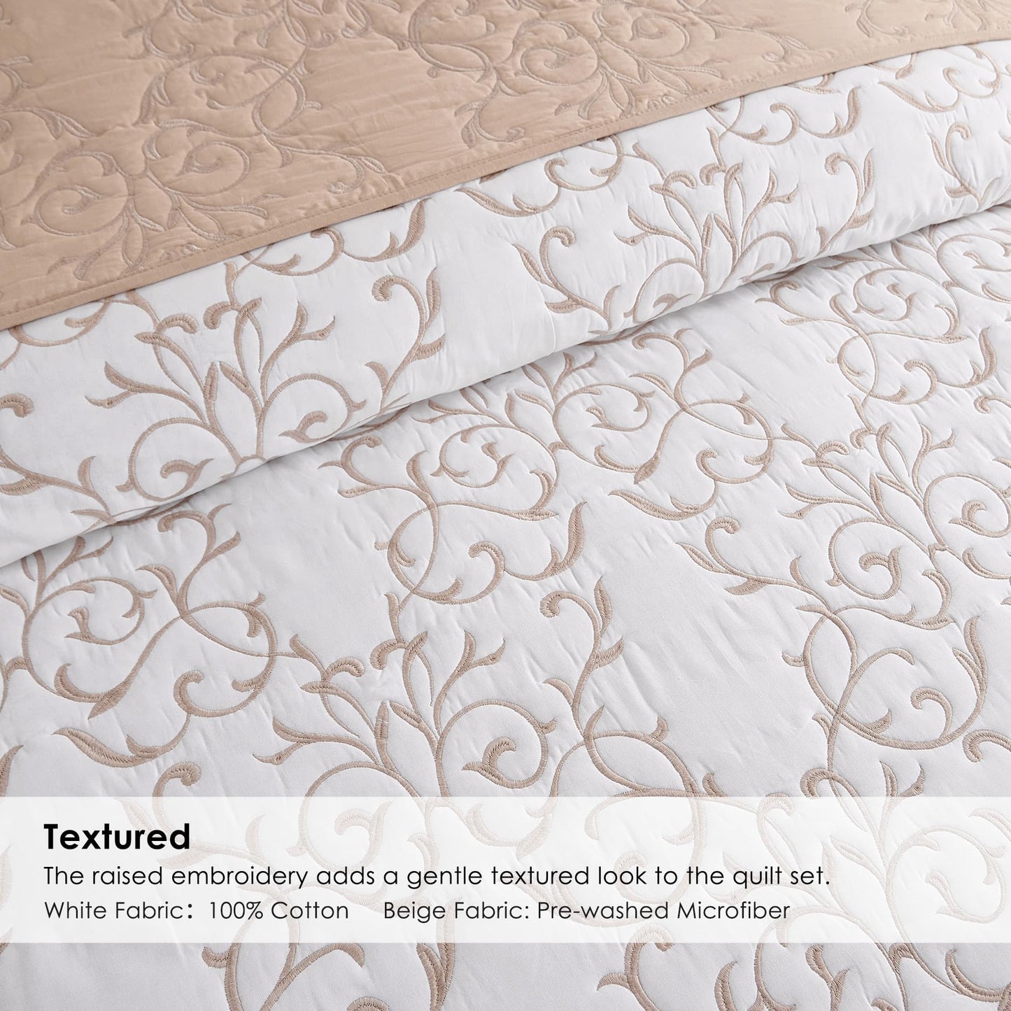 Querencia Cotton Quilt King Size - Embroidered Beige Quilt Tan Cotton Coverlet, French Country Toile Bedding, Farmhouse Bed Spread Set Neutral (Beige and White, King/Cal King, 3 Pieces)