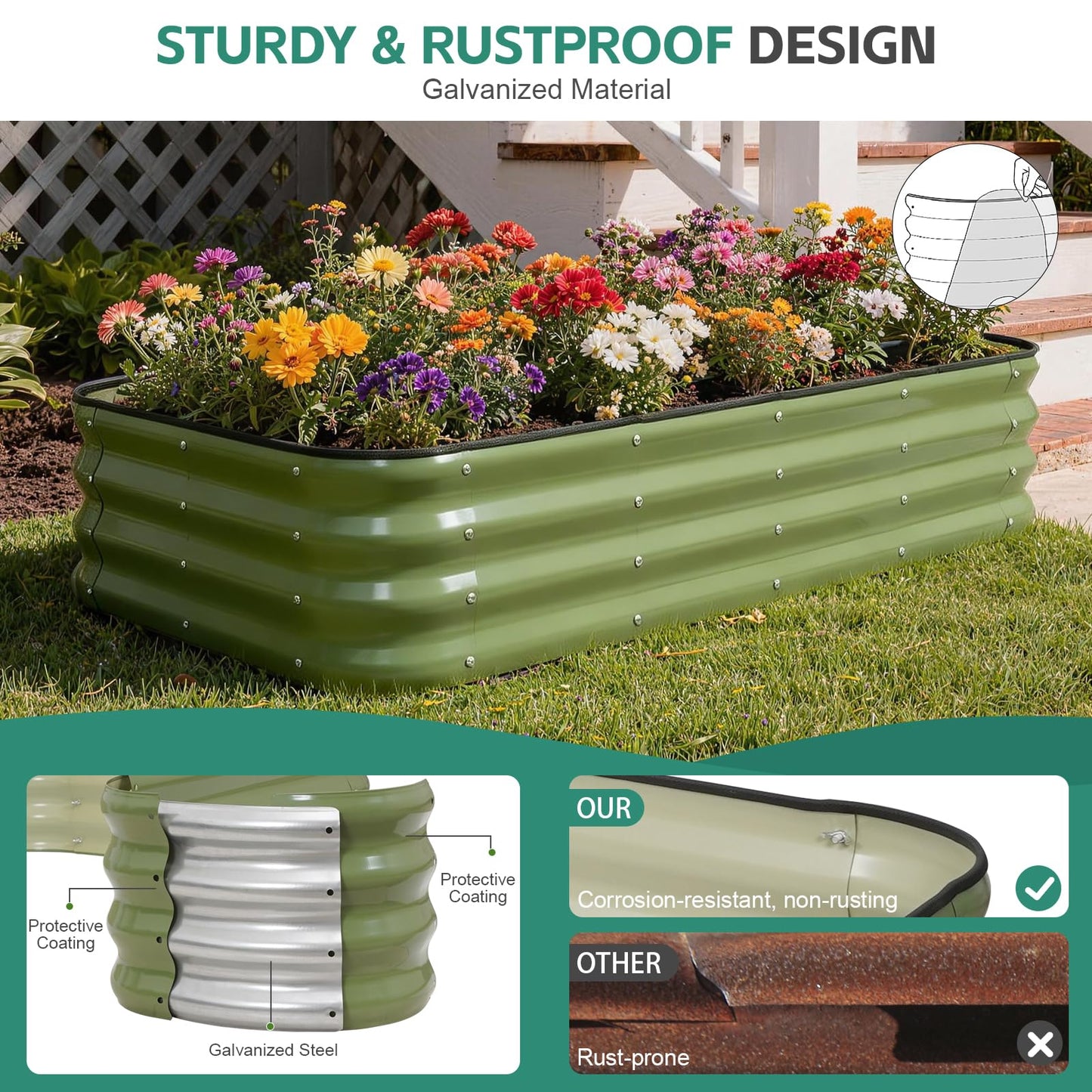 BIRDSINYARD 4 in 1Galvanized Raised Garden Bed - 5x3x1ft Modular Garden Planter Bed Outdoor | Steel Raised Bed Kit with Bracing Rods, Gloves for Gardening Vegetables Fruits and Flowers (Green)