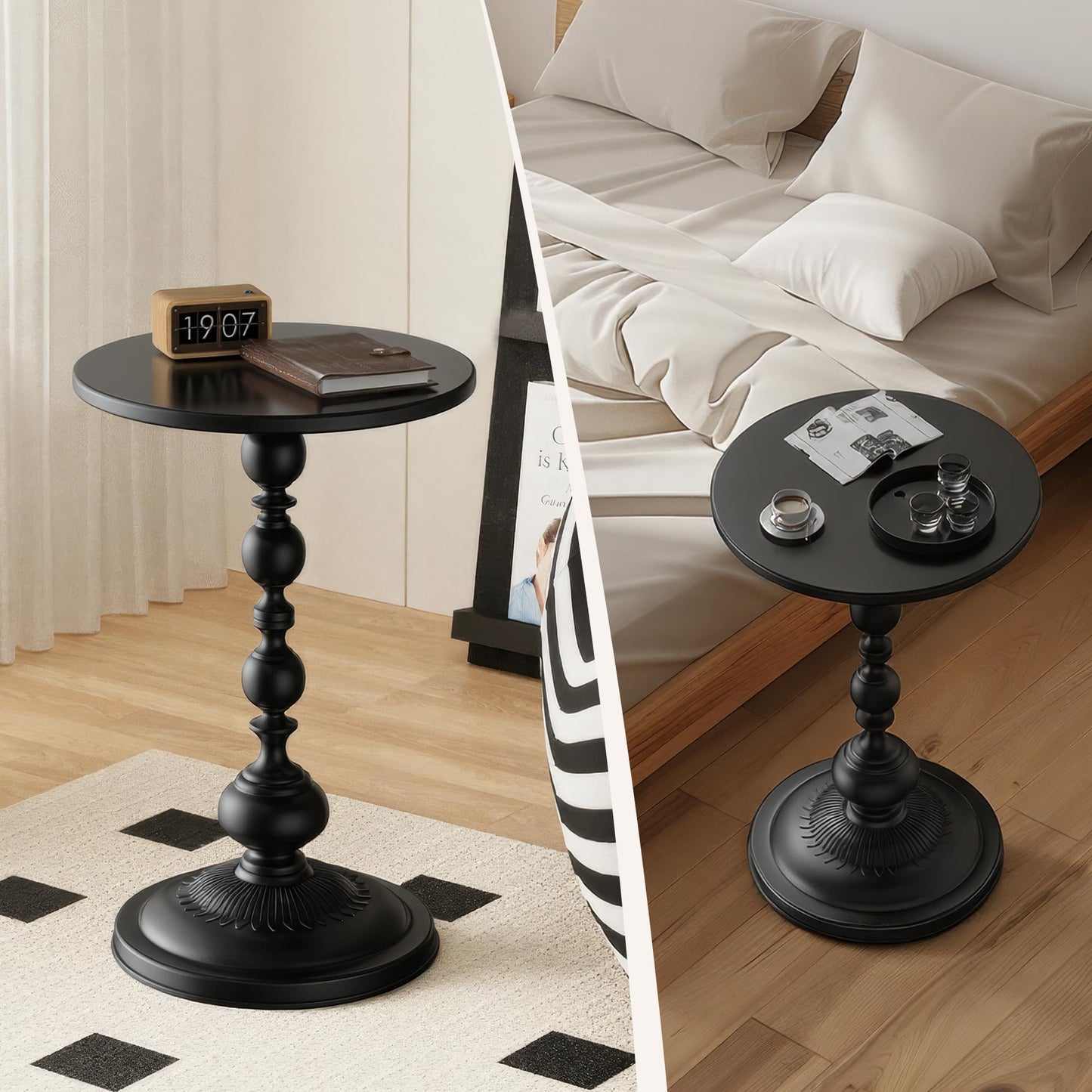 NTSJJTSS Side Table - Small Round Metal Accent Table for Living Room, Bedroom, Office - Modern Matte Black Pedestal Coffee Table for Small Spaces - 21" Height, Compact Drink Table for Sofa, Corners