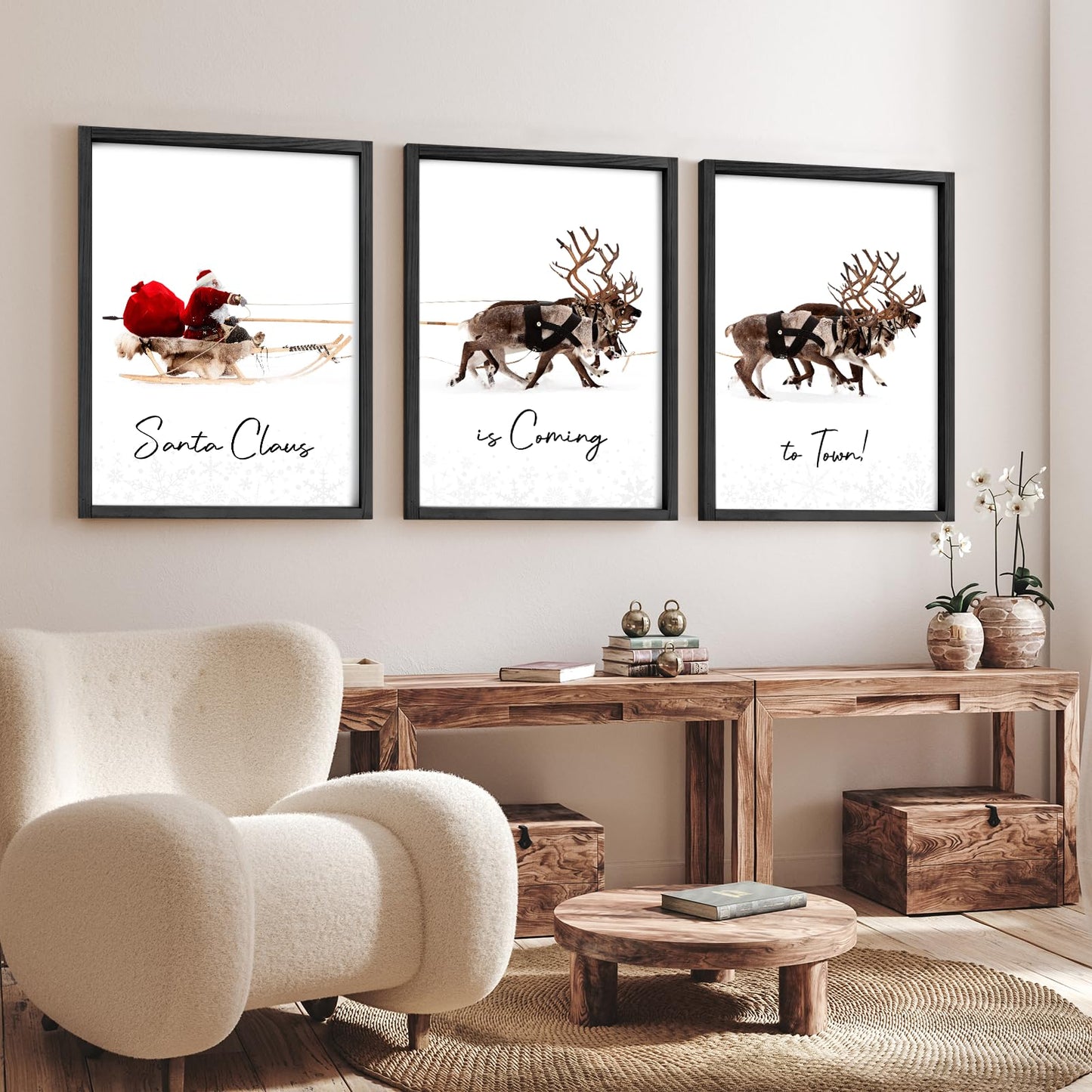 LITIVY Christmas Wall Art Prints - Set of 3 Santa Claus with Sleigh Deer for Home Decor - Xmas Sign - 12x16in - Black