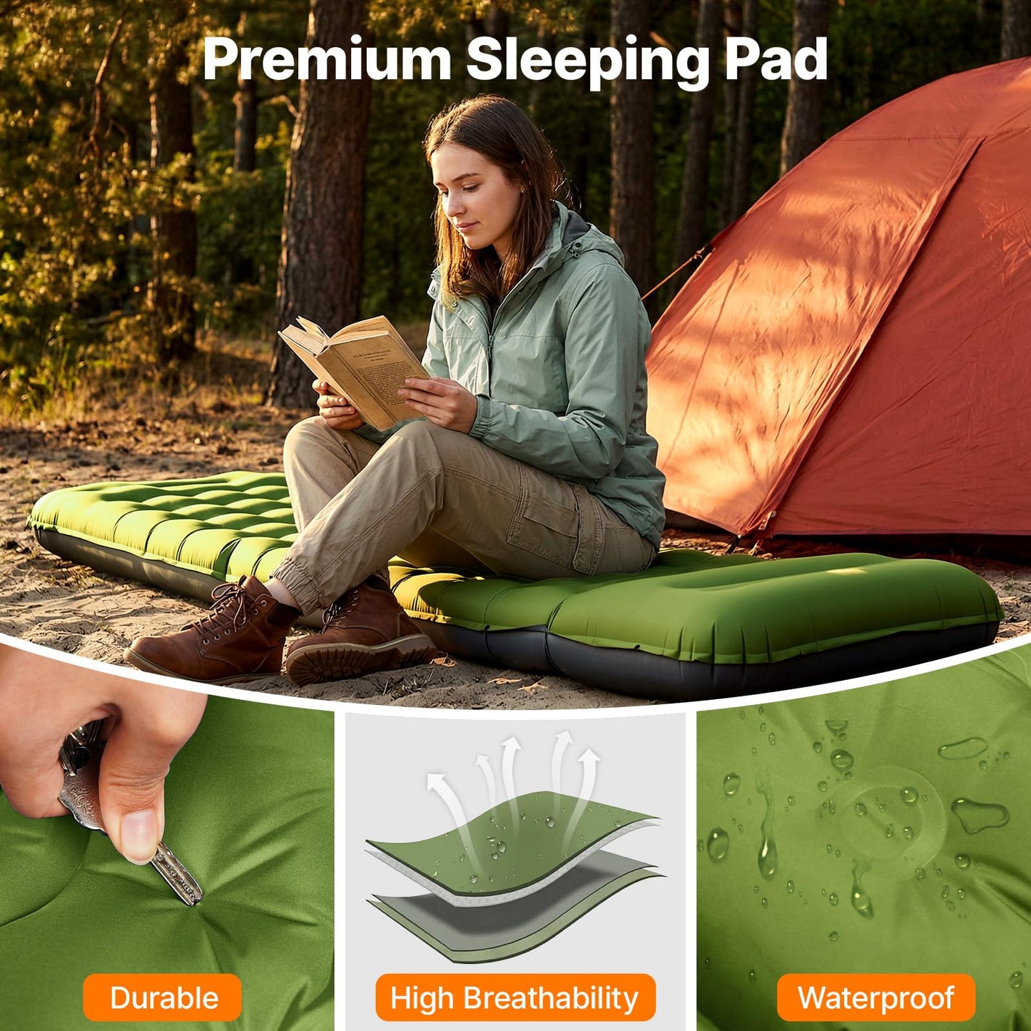 OGERY Sleeping Pad, Ultralight Inflating Sleeping Pad for Camping with Pillow Built-in Foot Pump, 6" Extra-Thick Reinforced Camping Pad for Hiking, Backpacking, Tent, Single,Green