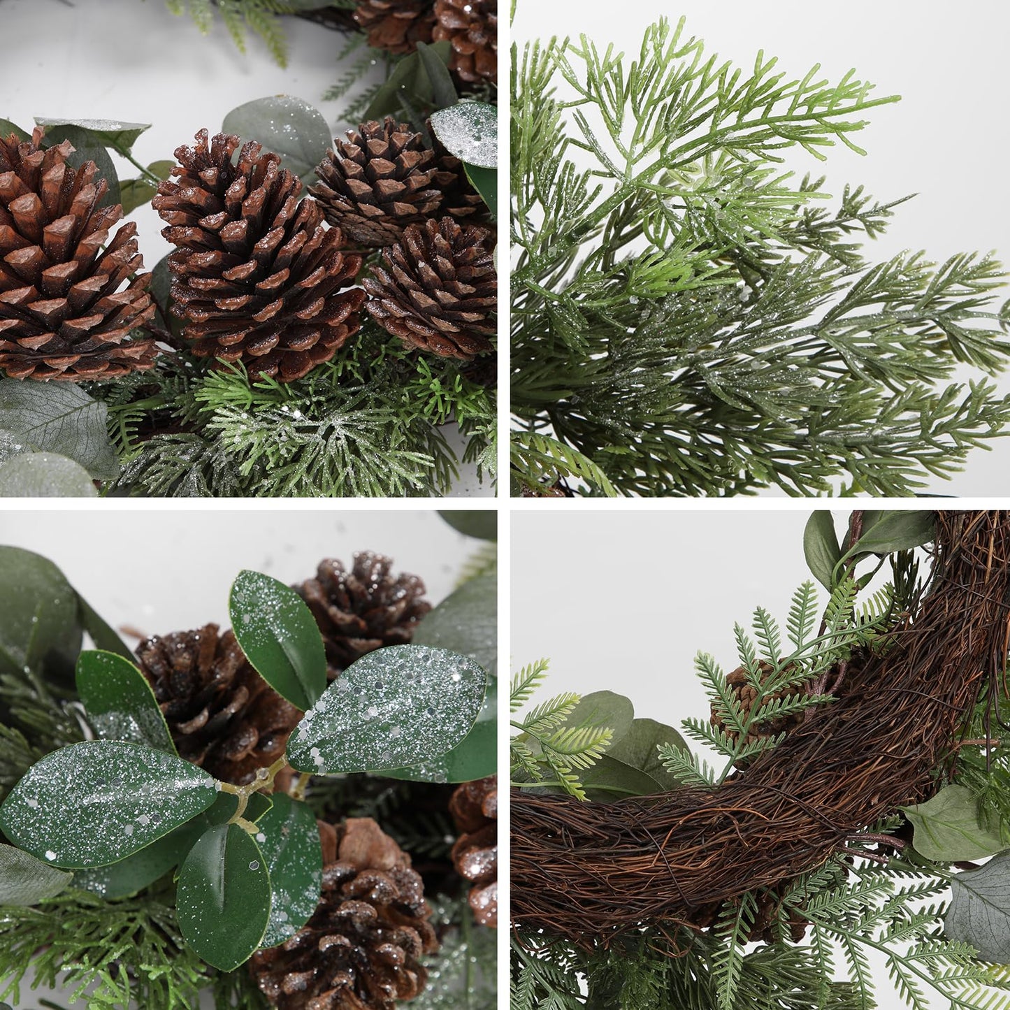 Briful Artificial Christmas Wreath 24 Inch Large Front Door Wreath with Glittering Eucalyptus Green Leaves Pine Branches Pine Cones for Home Room Mantle Wall Window Xmas Indoor Outdoor Decor