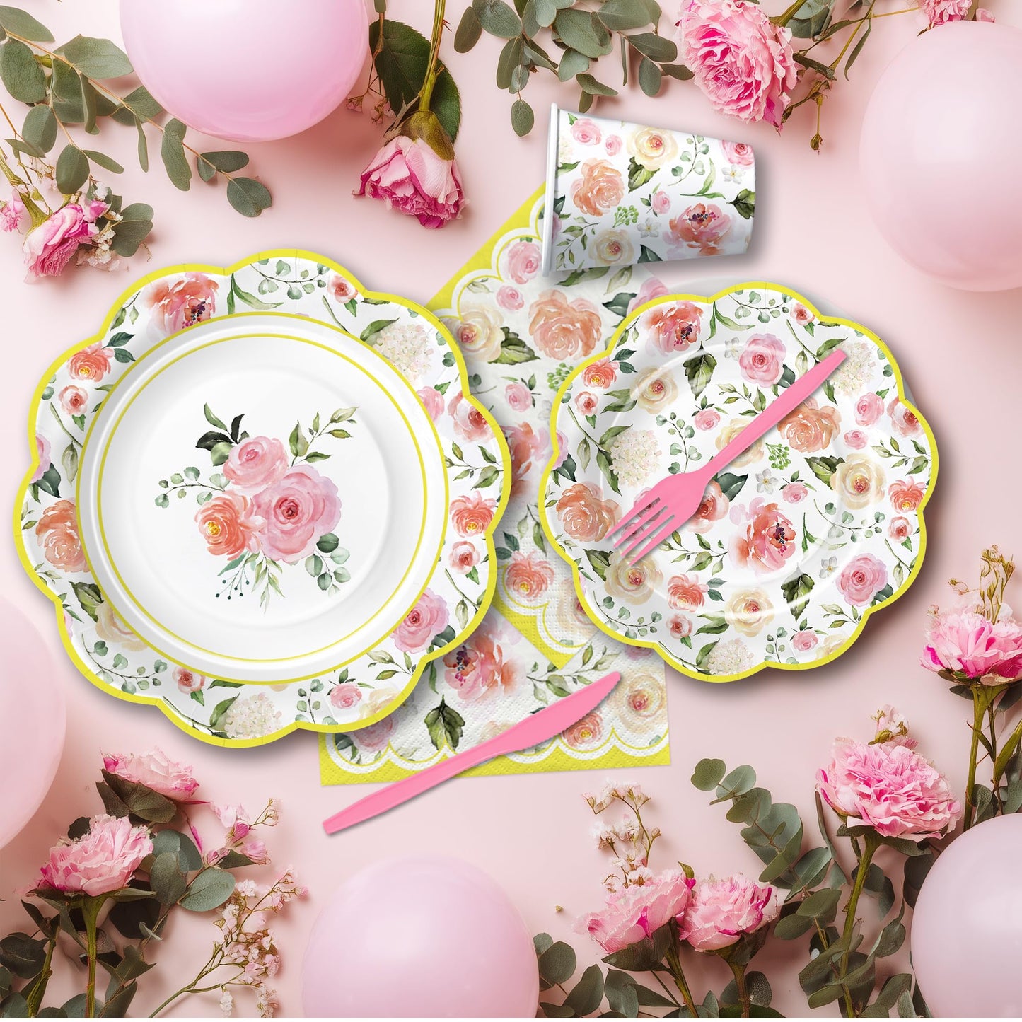 Owelleny Flower Floral Party Decorations, Spring Summer Elegant Garden Floral Party Supplies for Birthday Bridal Wedding Baby Shower, Disposable Paper Plate, Cup, Napkin, Banner, Cutlery, Serves 24