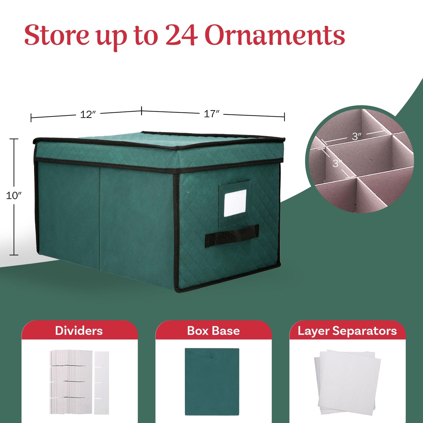 Ornament Storage Box - Flip Top Organizer Cube With 24 Individual Compartments and Dividers - For Christmas Bulbs and Decorations by Elf Stor (Green)