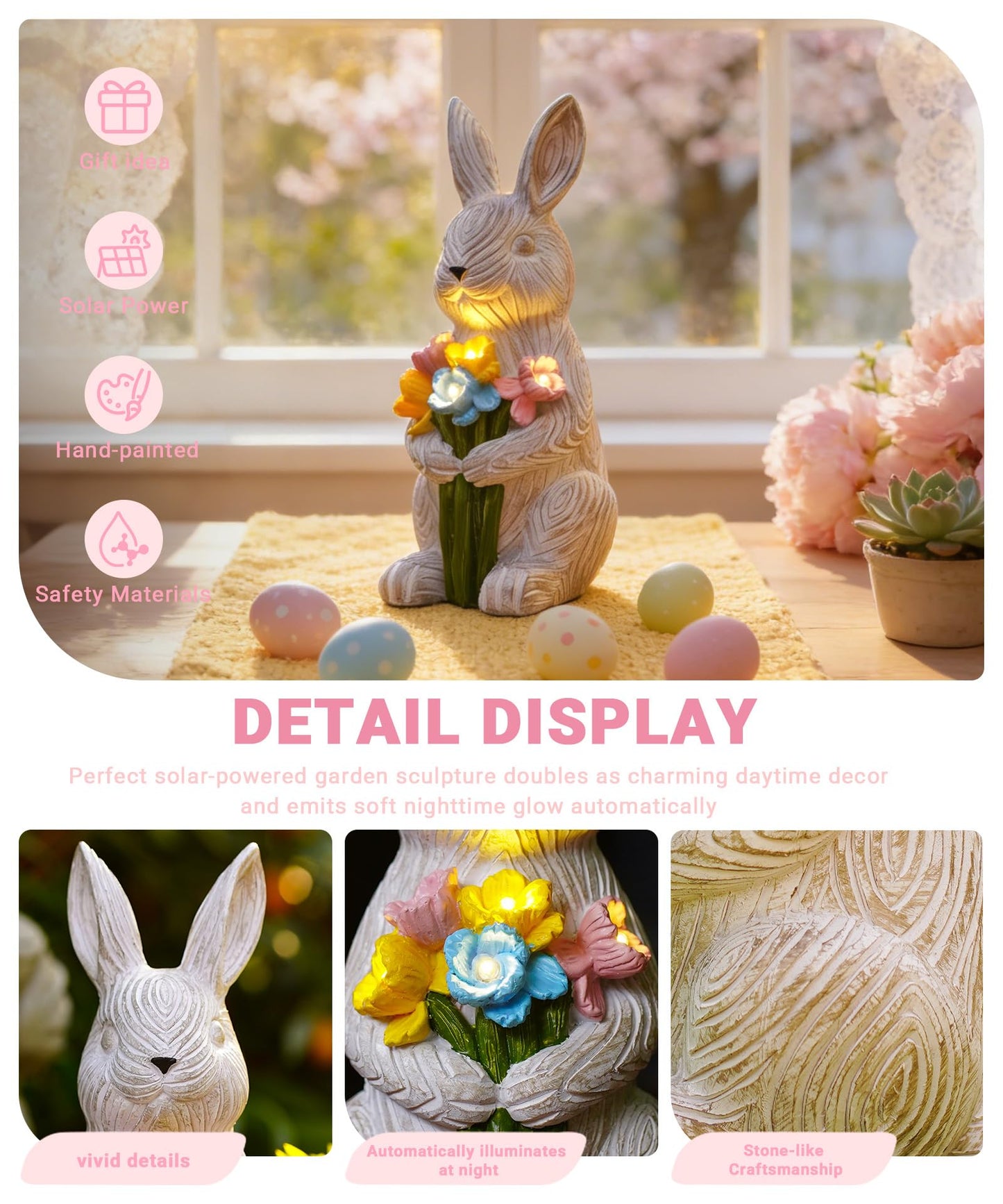 Nacome Solar Bunny Garden Decor: Outdoor Rabbit Statue with Succulent for Yard Art Lawn Ornaments Porch Patio Balcony - Easter Birthday Gifts for Mom Women Grandma