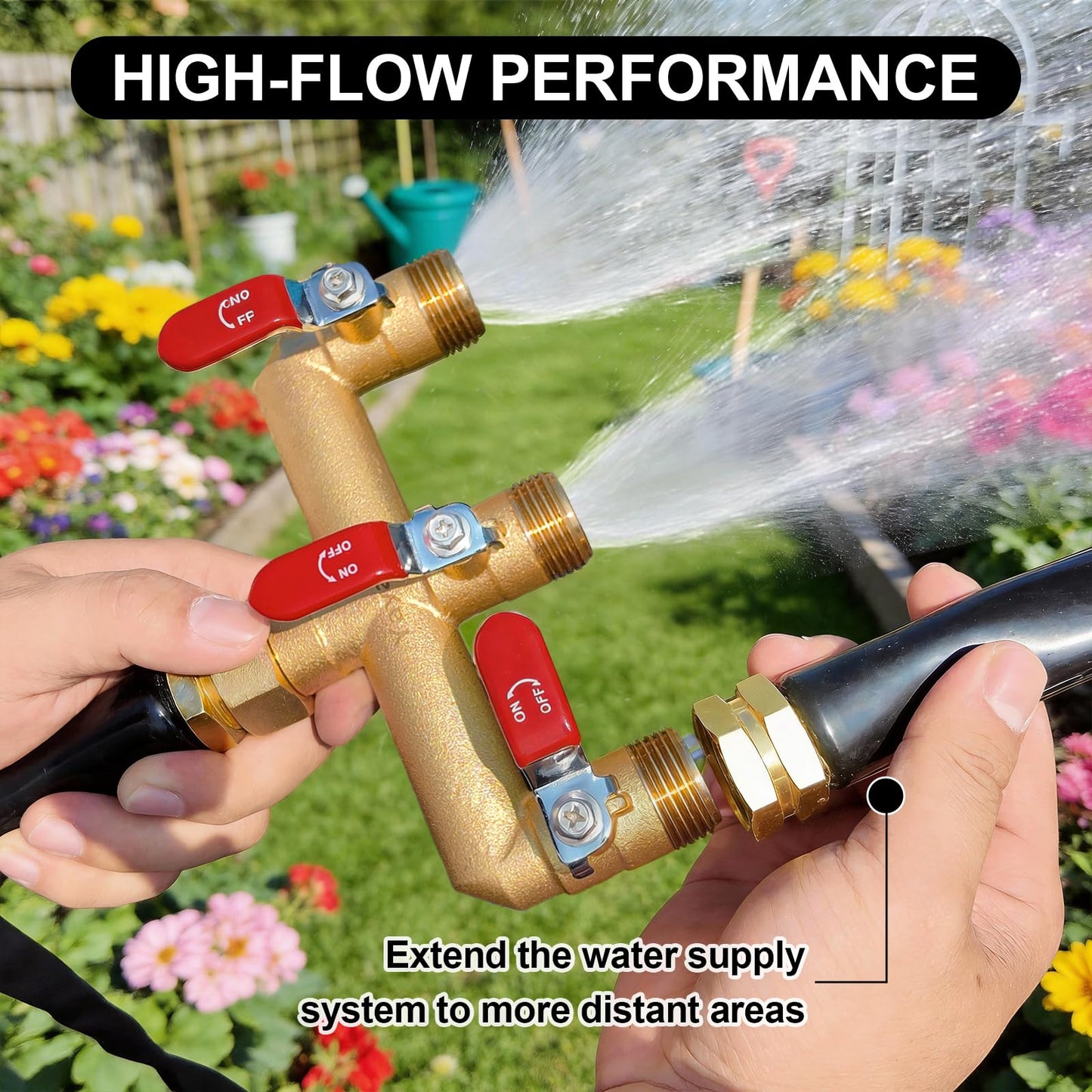 Heavy Duty Brass Garden Hose Splitter 3-Way,3/4" GHT Thread, High Flow Faucet Splitter, Water Hose T Spigot Splitter with Shut-off Valves,Water Adapter & Connector-Long Red Metal Handle