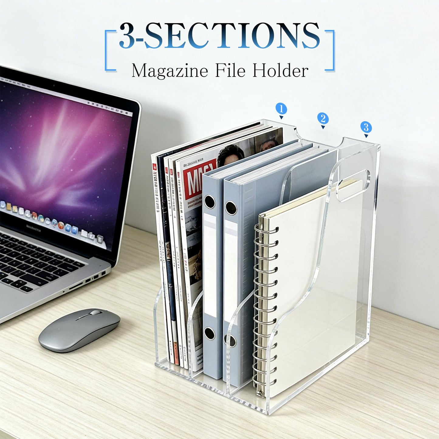 ZESHIHAOGUO 3-Tier Clear Acrylic File Holder, Vertical Document Organizer for Magazines, Binders, Notebooks & Envelopes - Multi-Purpose Desk Storage for Home Office（A4,3 Sections）
