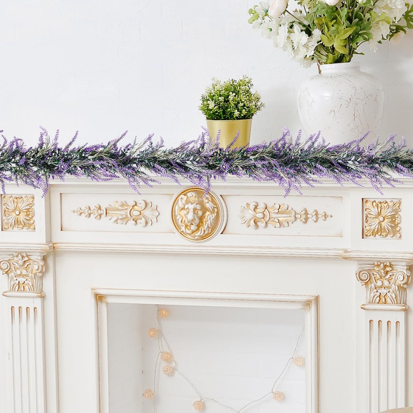 6Ft Lavender Purple Artificial Garland All Year Lavender for Wedding Mantle Spring Summer Garland Indoor Outdoor Home Farmhouse Party Stair Table Window Home Decoration