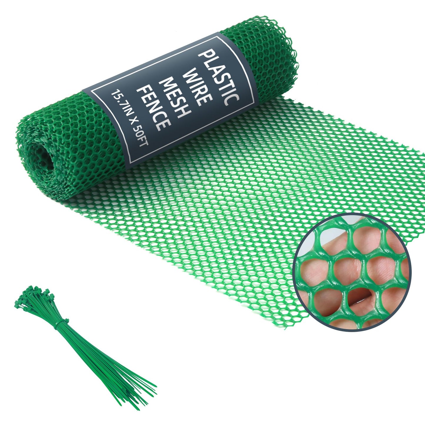 Plastic Wire Mesh Fence, 1.3ft x 50ft /15.7in x 600in Plastic Chicken Wire Fence Mesh Versatile Plastic Fencing Wire Netting Poultry Animal Barrier Fence with 150 Zip Ties for Garden & Farm, Green