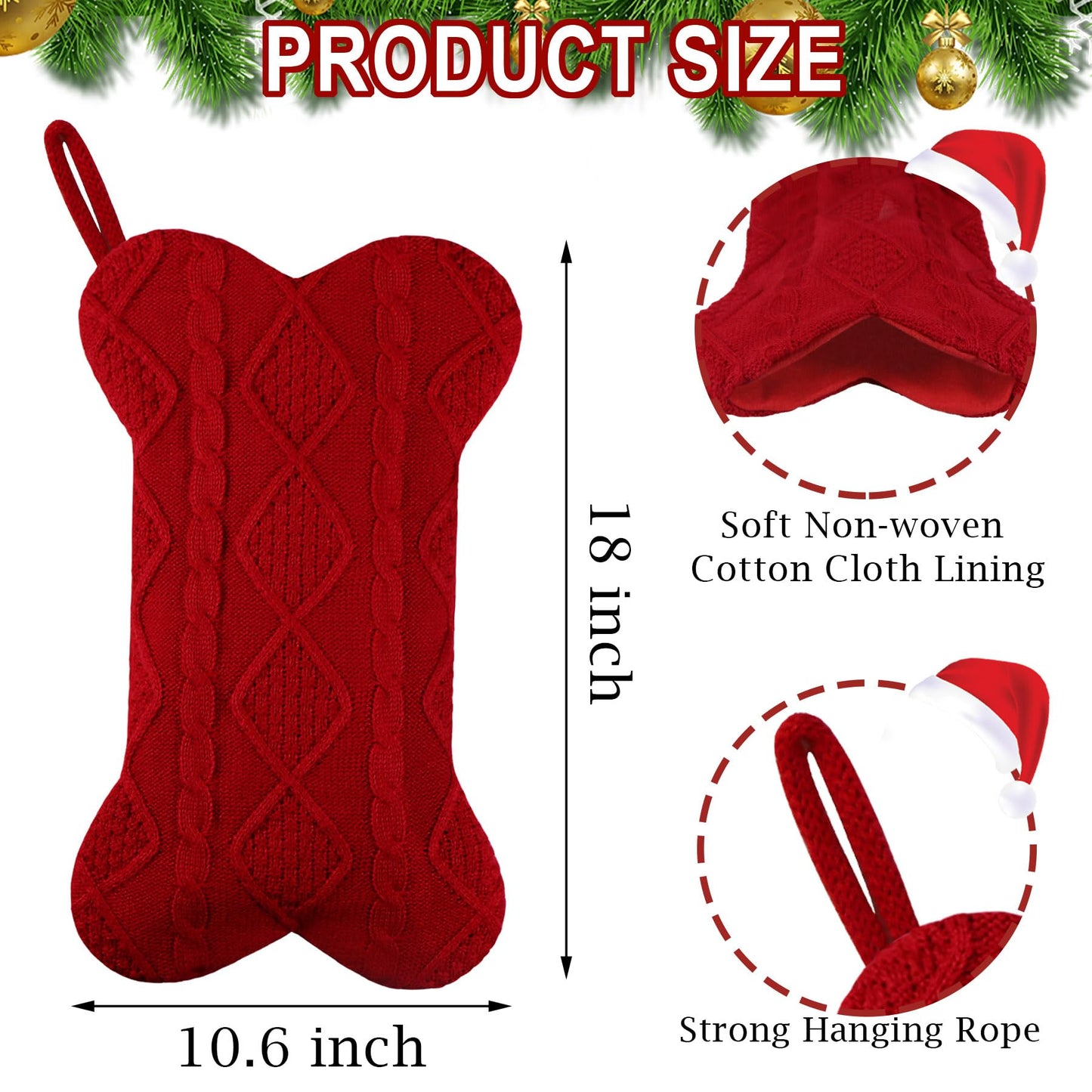 GOYOSWA Dog Christmas Stocking, 18 Inch Large Double Side Knitted Christmas Stocking for Dogs, Bone Shaped Hanging Dog Stocking for Dogs Pets (Red)
